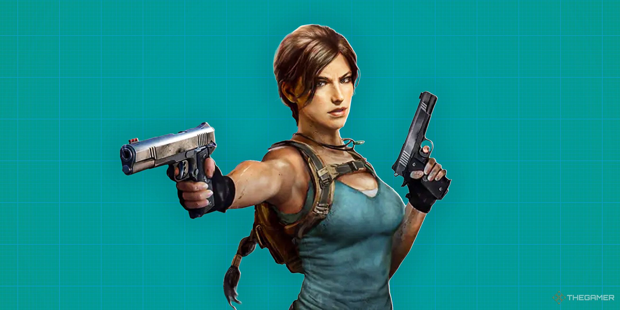 Lara Croft over a blueprint background, brandishing two pistols.