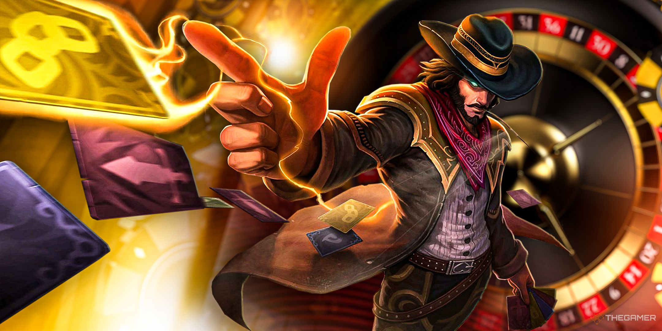Twisted Fate in the High Noon skin throwing flaming cards with a roulette wheel behind him.