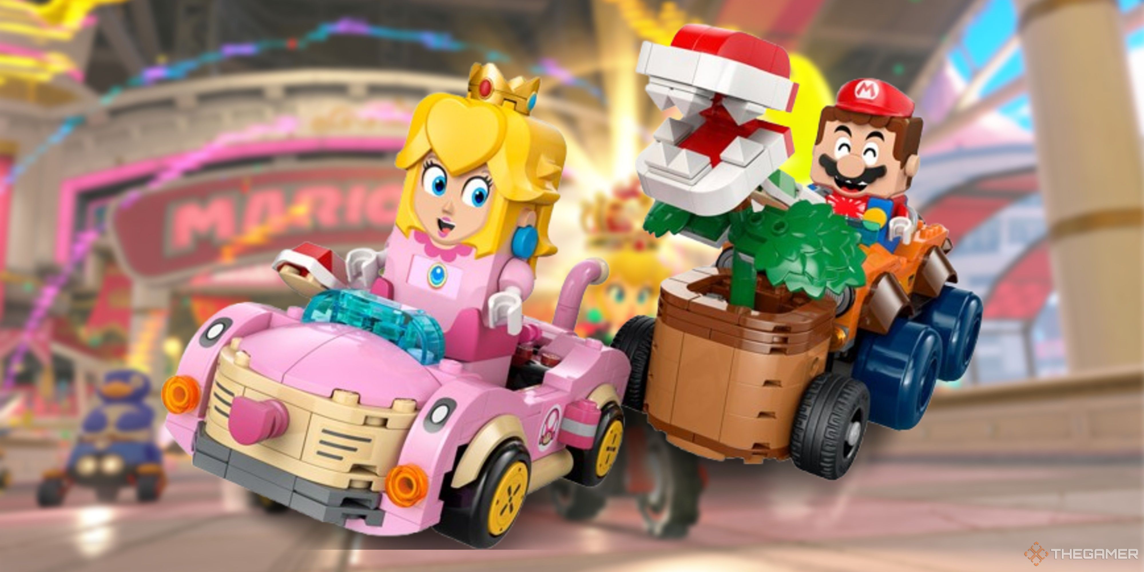 lego mario mario kart chasing peach with a piranha plant.