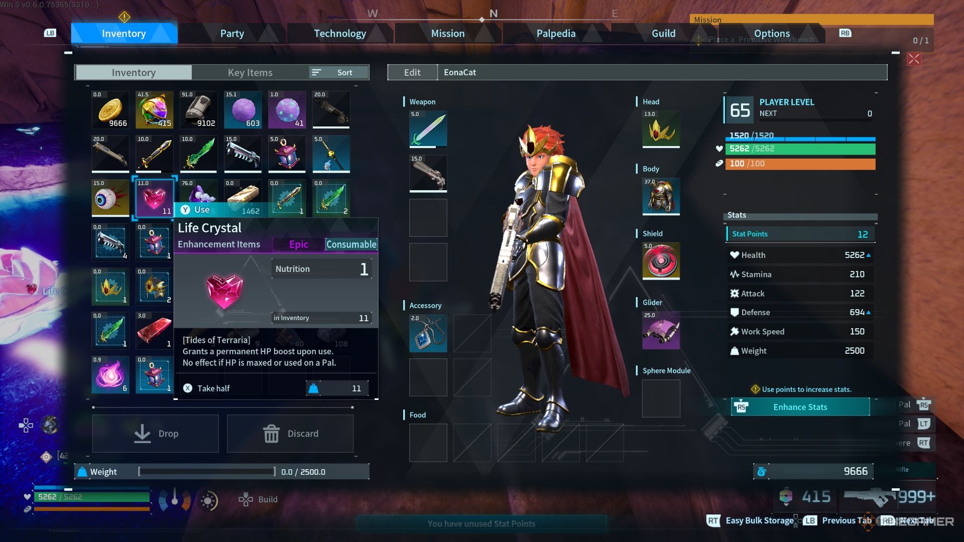 Life Crystal in the inventory of the player - Palworld