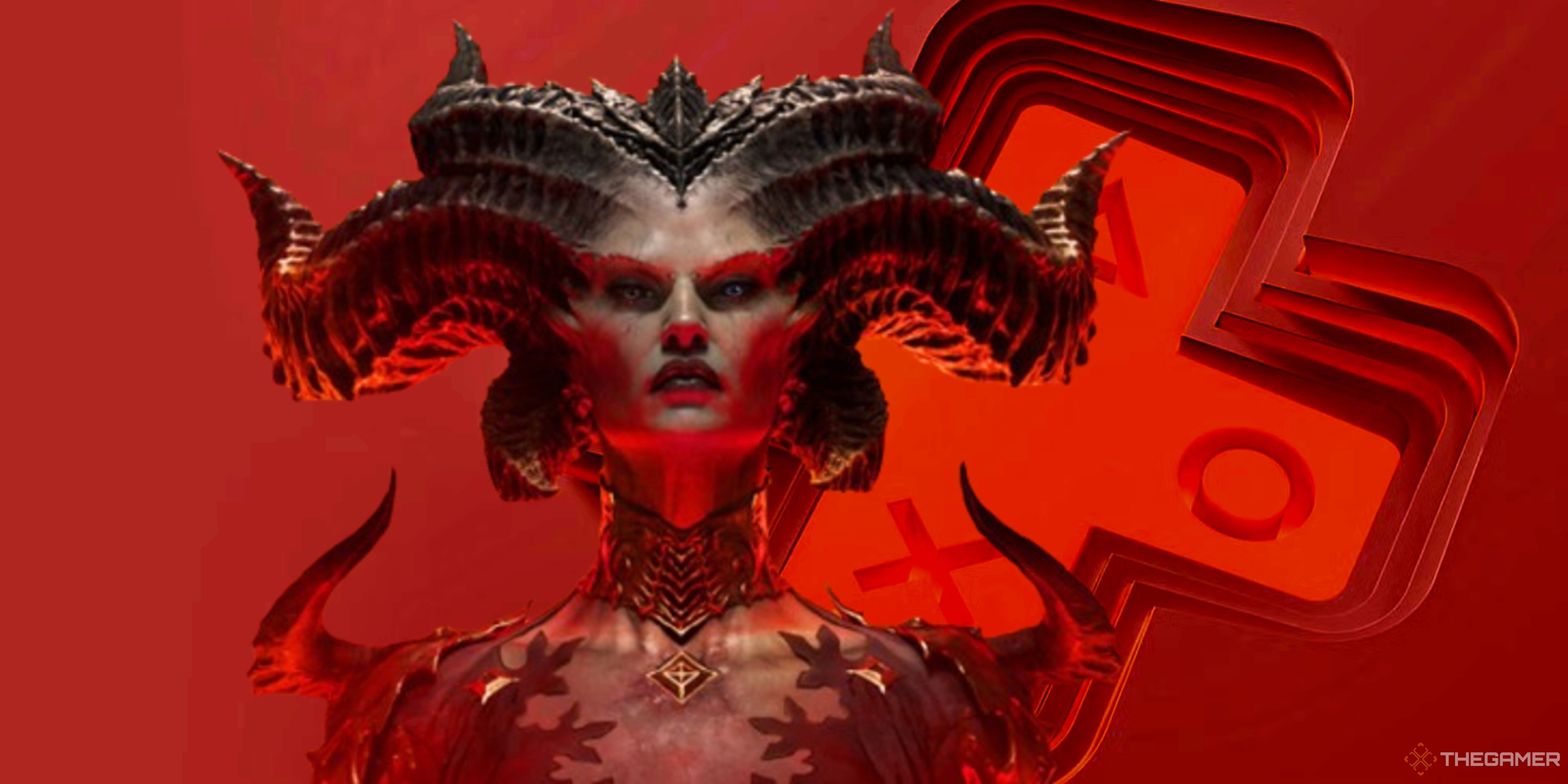 lilith from diablo 4 in front of a red ps plus logo.