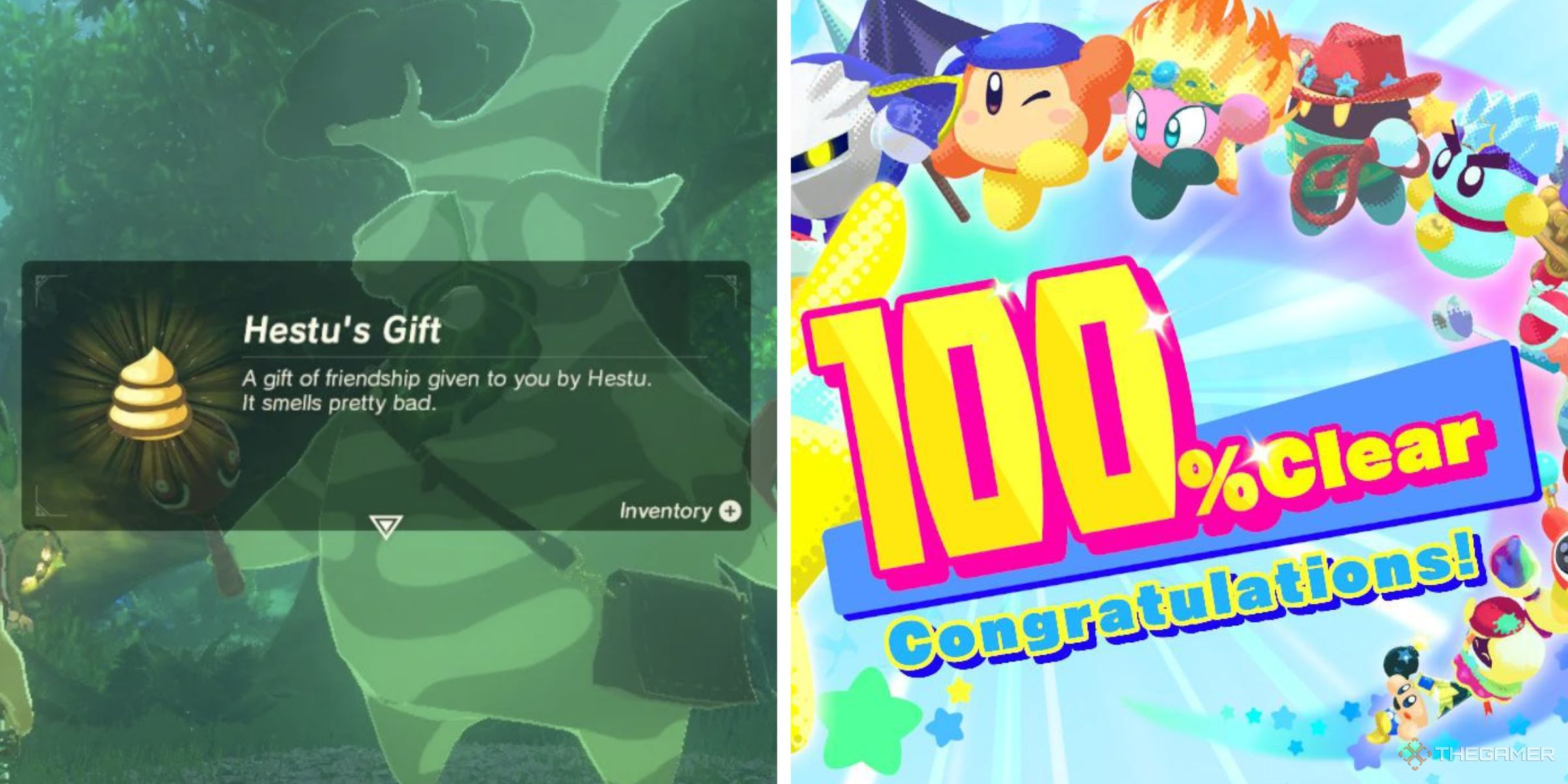 Link recieving Hestu's Gift in The Legend of Zelda Breath of the Wild and the 100 percent completion screen in Kirby Star Allies