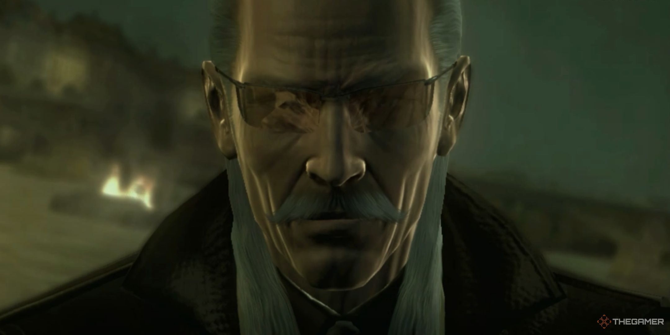 Liquid Ocelot with fire reflecting in his glasses.