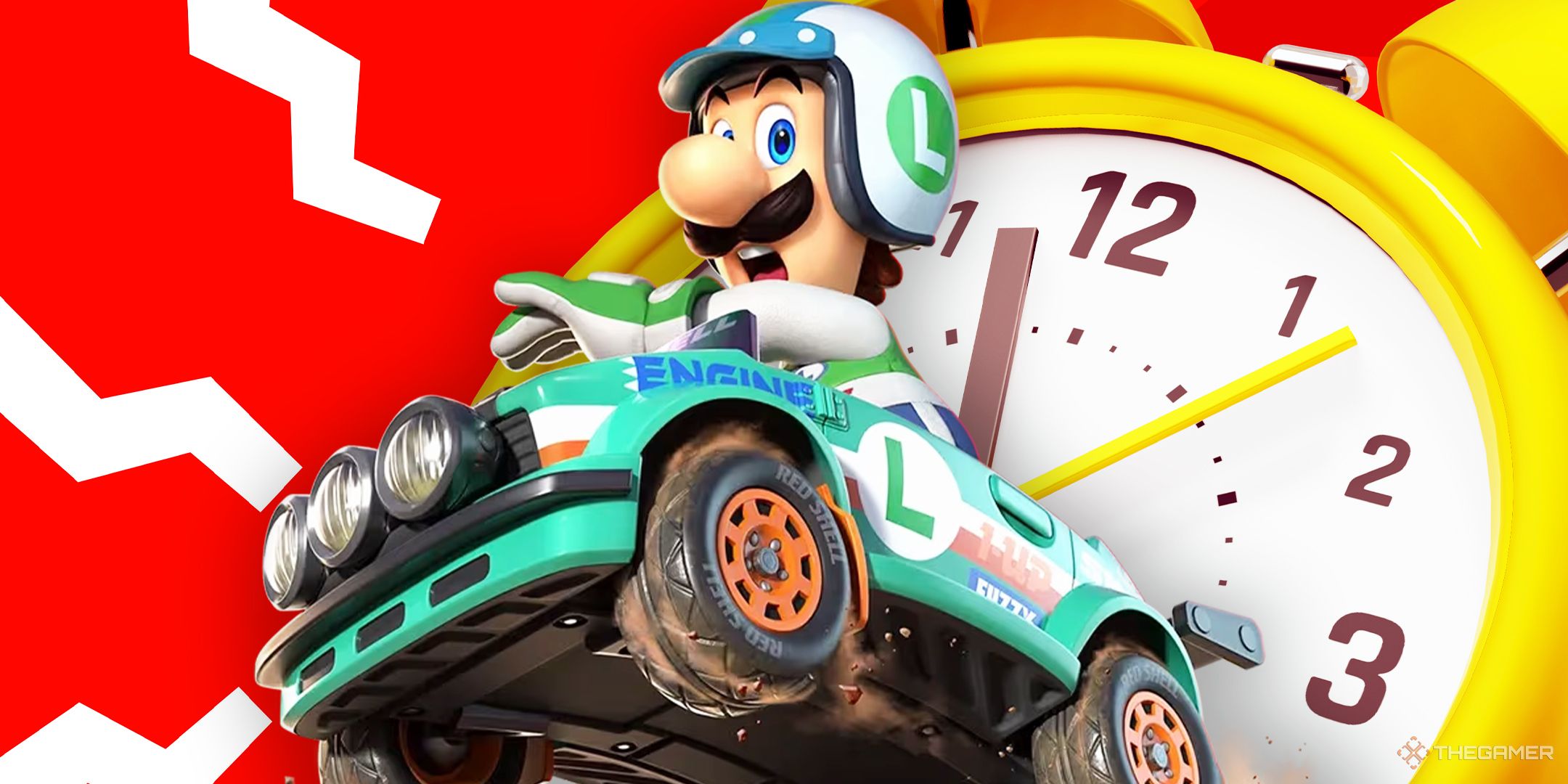 Luigi in Mario Kart World sliding over a giant alarm clock atop a red background.