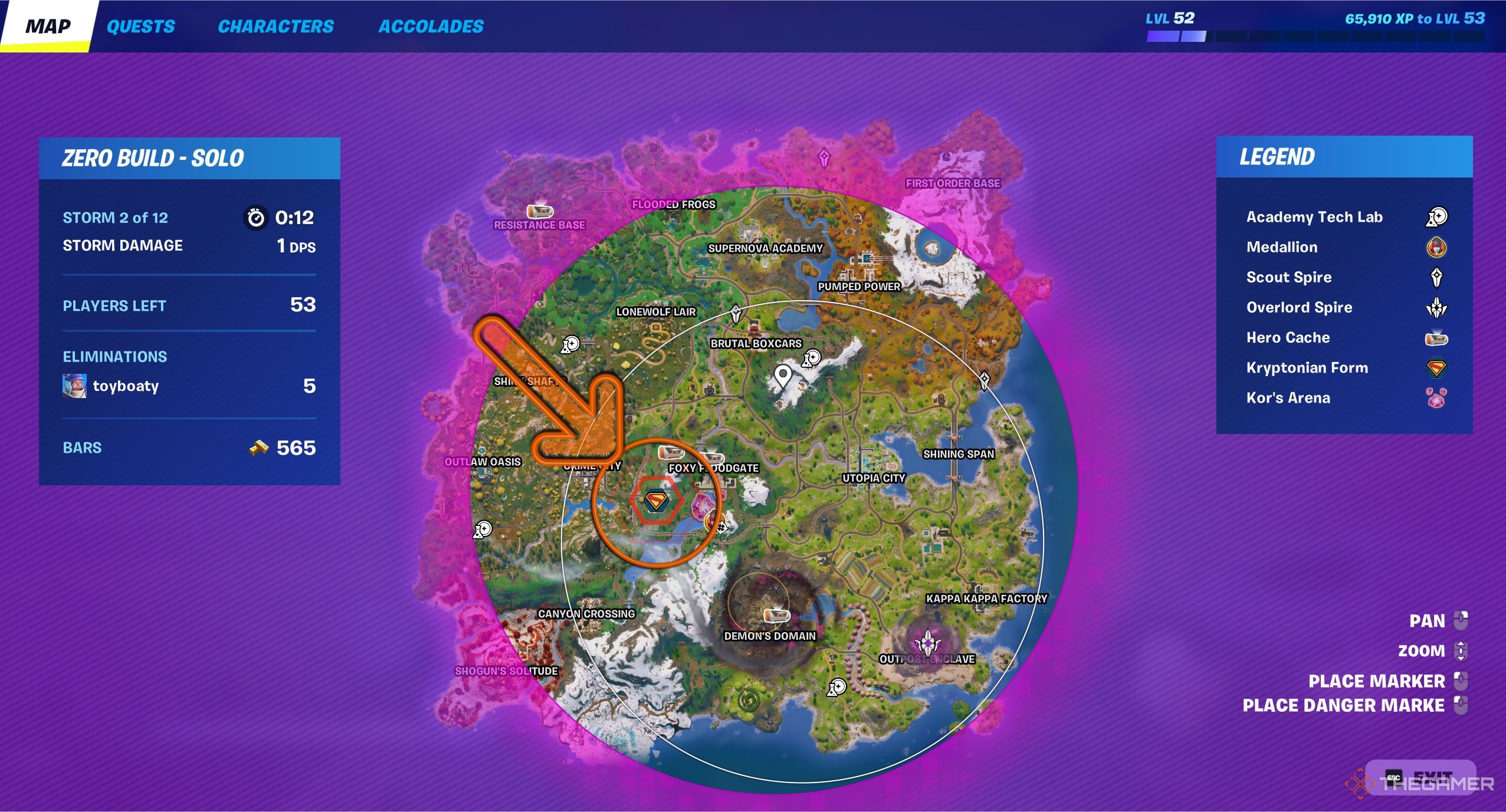 Map in Fortnite showcasing the Superman symbol.