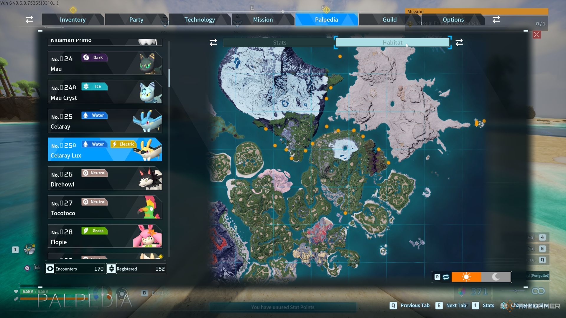 Map showing all the possible location with highlighted orange area for Celaray Lux - Palworld
