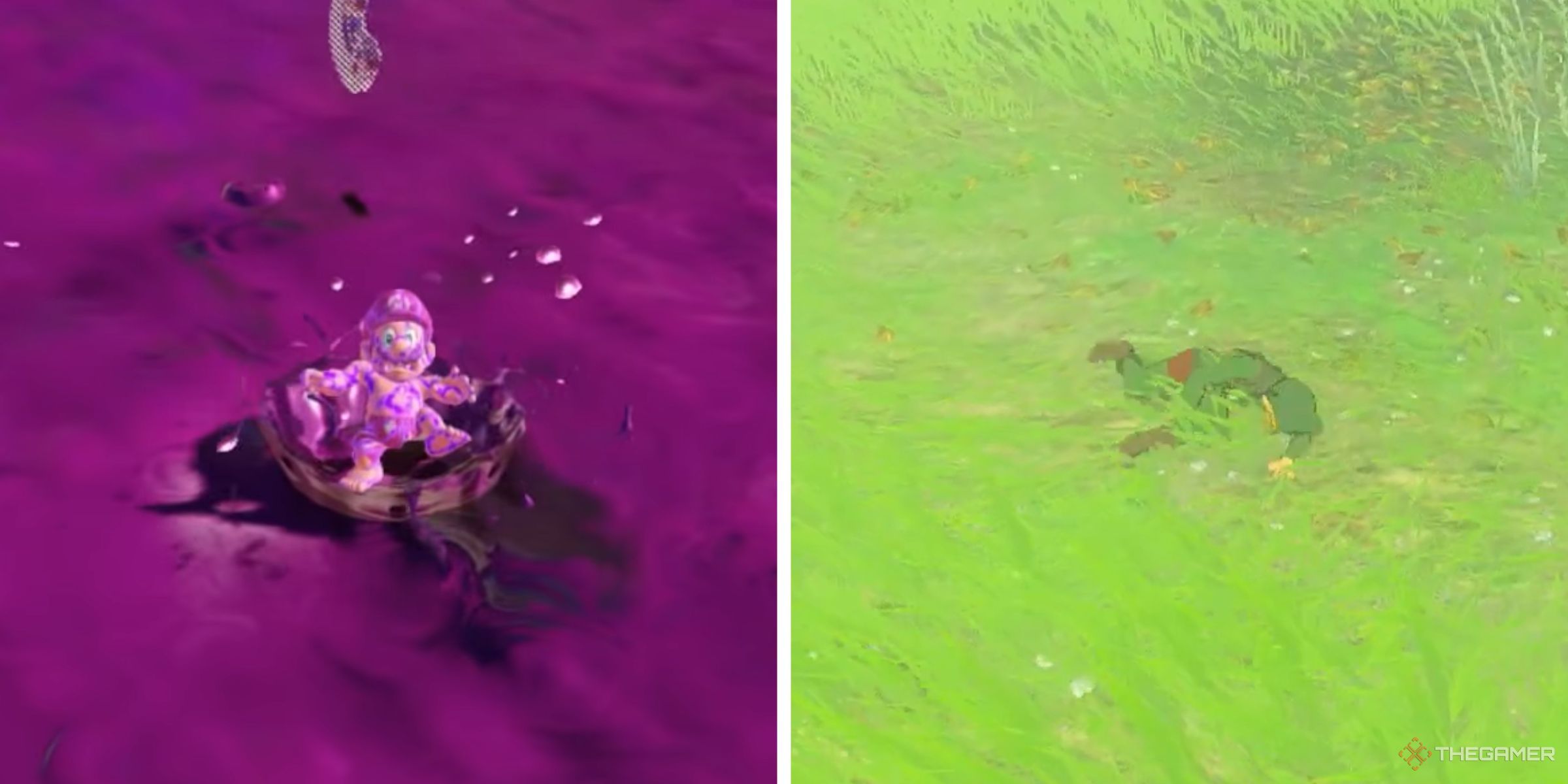 Mario dying in poison in Super Mario Odyssey and Link fallen over and about to game over in The Legend of Zelda: Tears of the Kingdom.