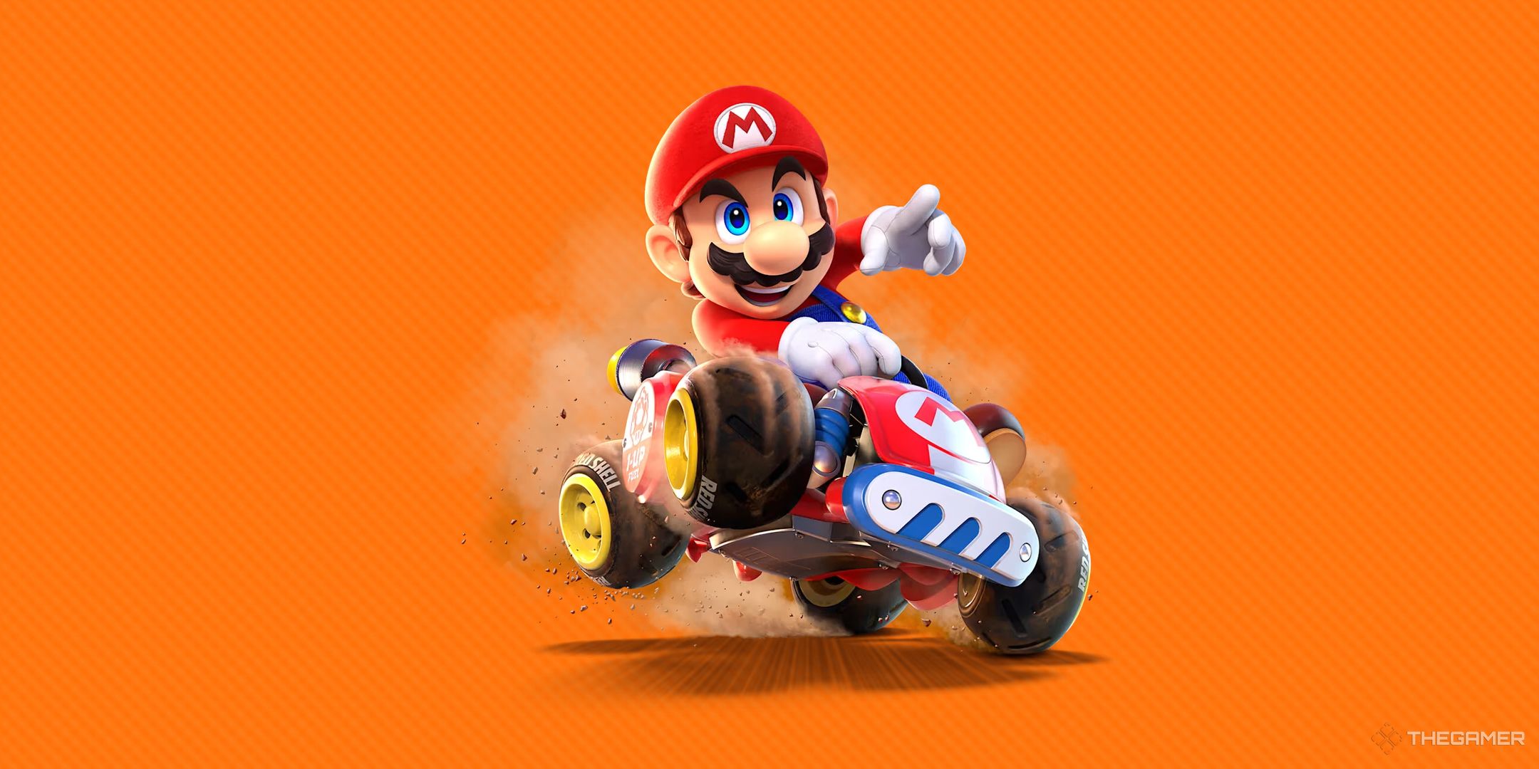 Mario in a kart from Mario Kart World riding over an orange background.