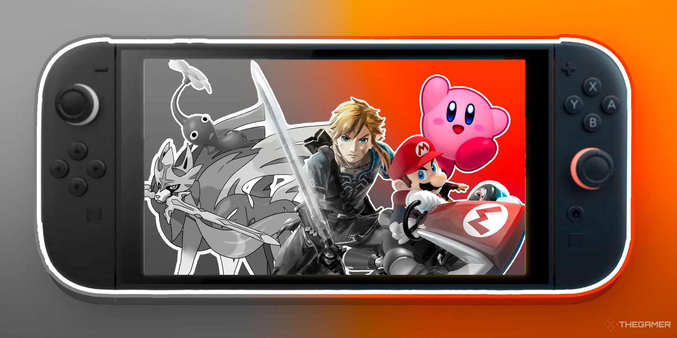 Mario in a Kart, Link, Kirby, Zacian and a Blue Pikmin all inside of a Switch 2 with half of the image looking old and lifeless.