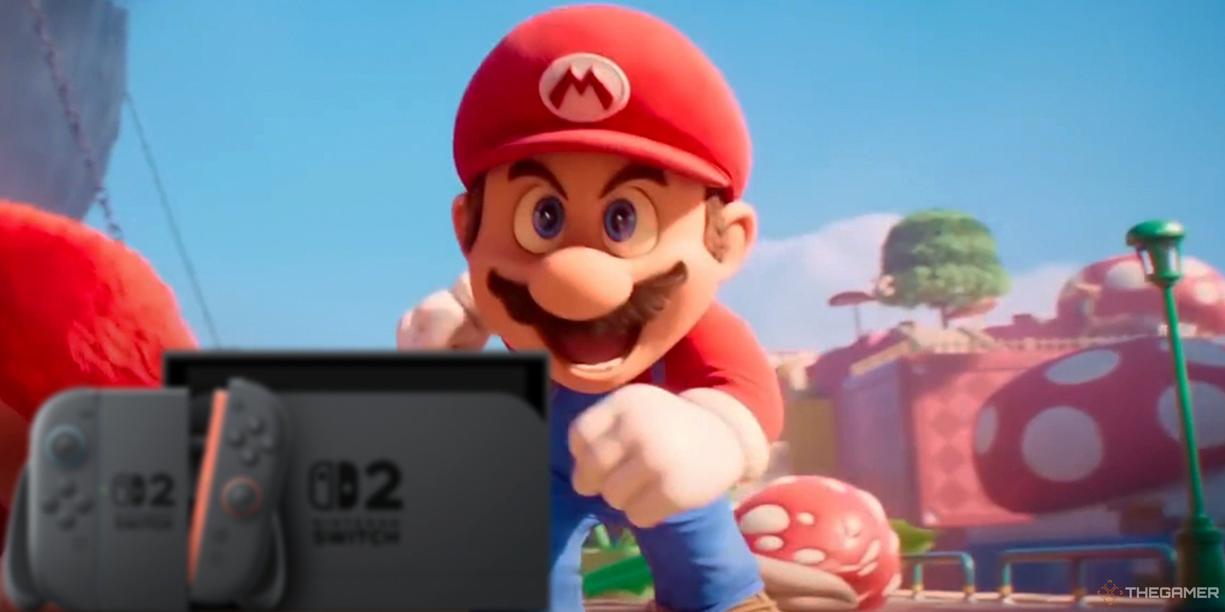 mario running at a switch 2 in the foreground.