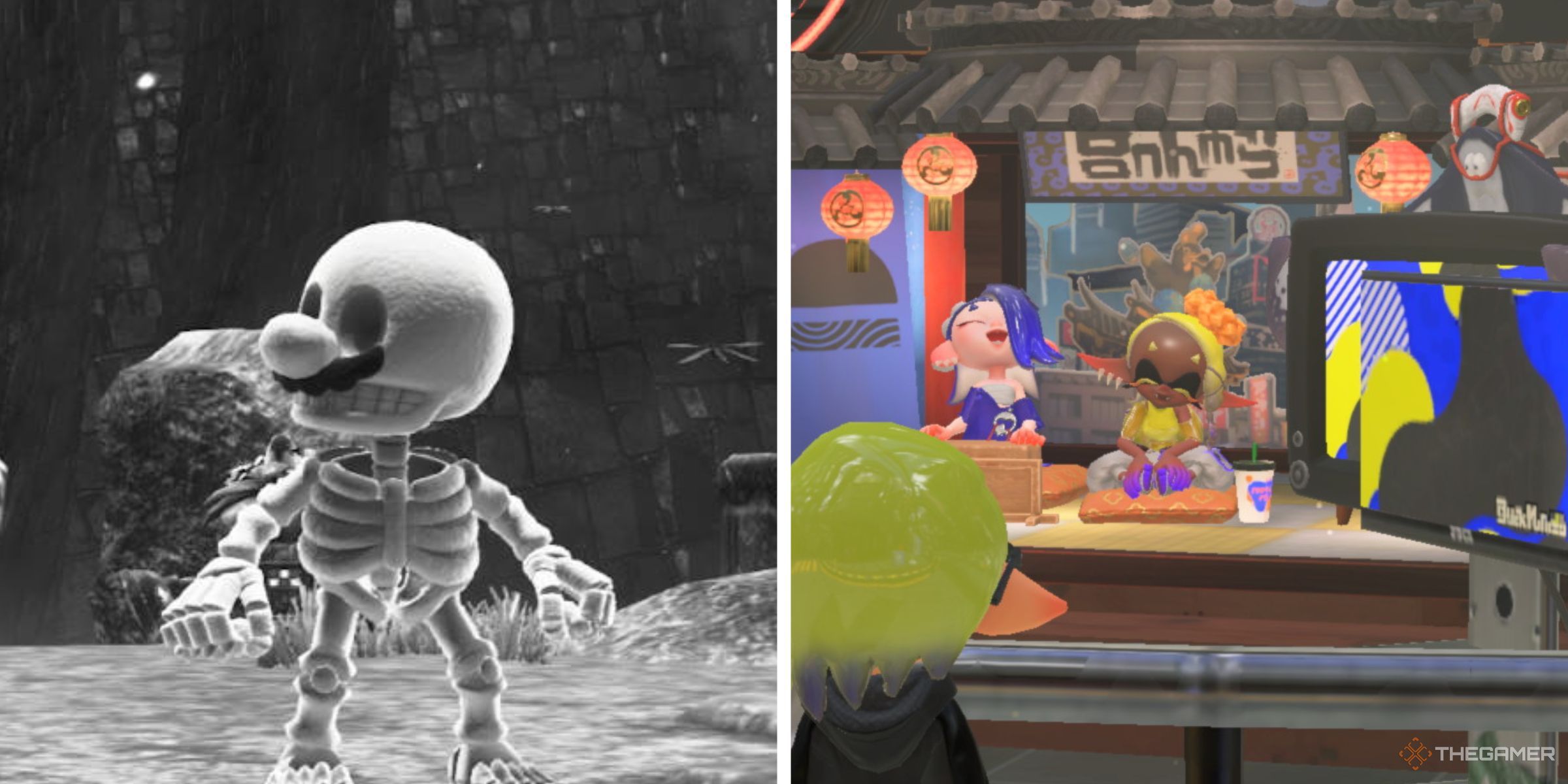 Mario wearing the skeleton costume in a monochrome photo in Super Mario Odyssey and a player character looking into Deep Cut's studio in Splatoon 3.
