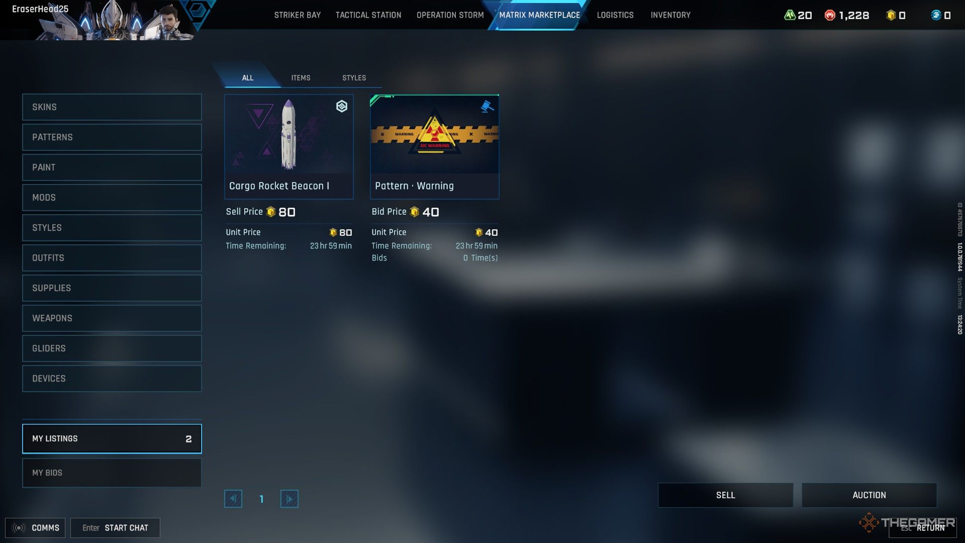 The "My Listings" menu in the Matrix Marketplace in Mecha Break.