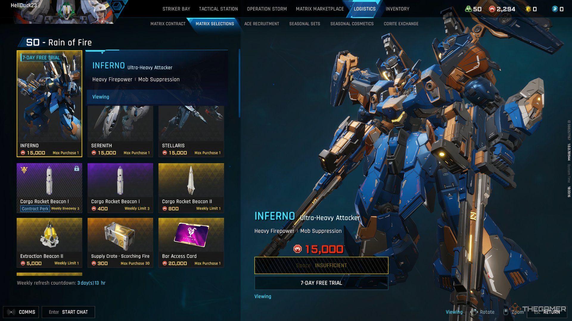 Player at the Logistics Store in Mecha Break showing all the designs and other items on right. 