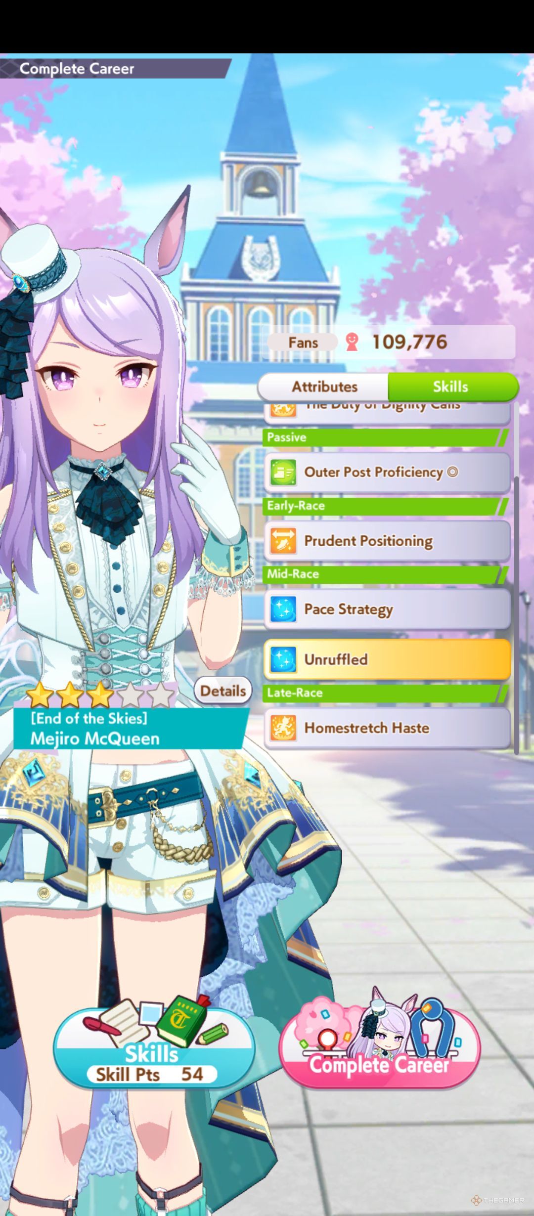 Mejiro McQueen End of the Skies stats are shown in Umamusume Pretty Derby.