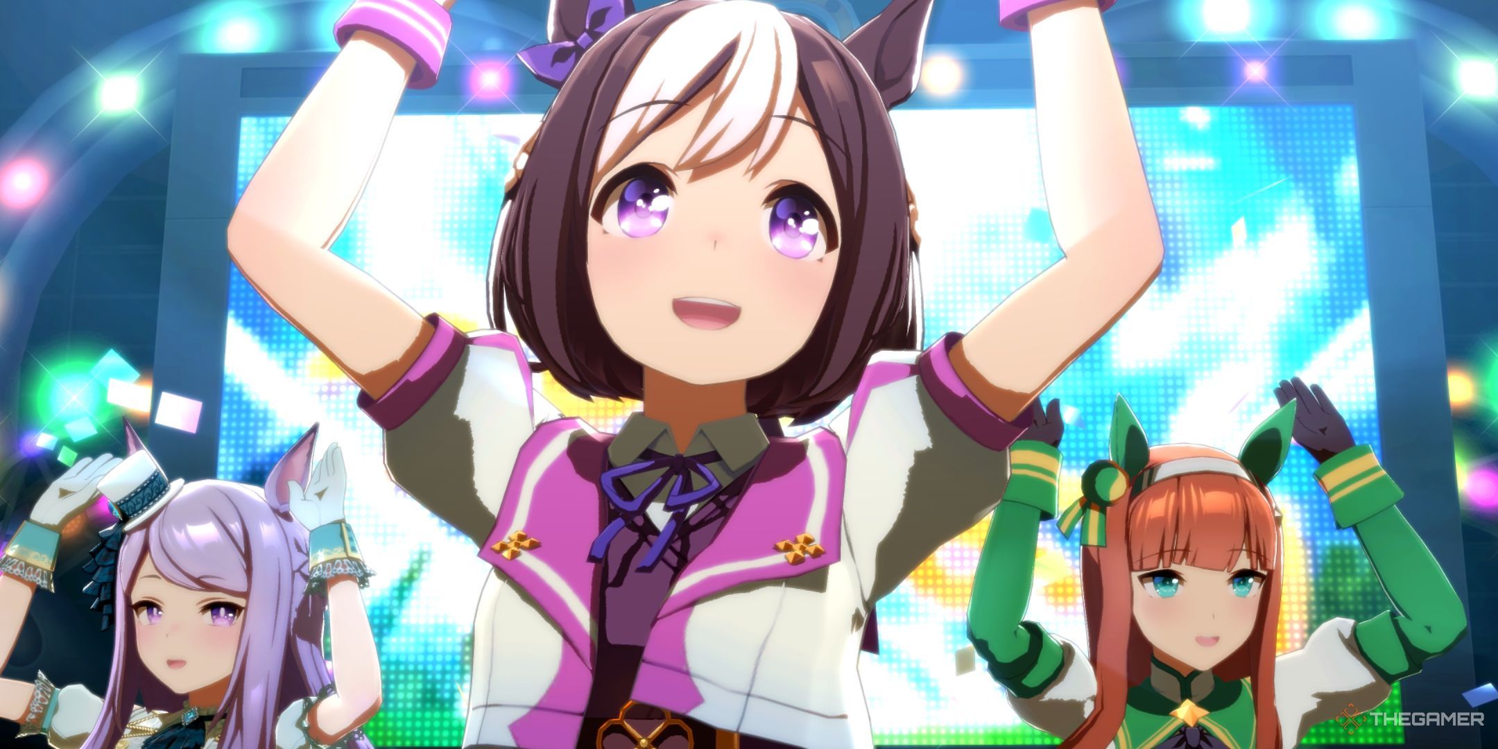 Mejiro Mcqueen, Special Week, and Silence Suzuka are shown in Umamusume Pretty Derby.