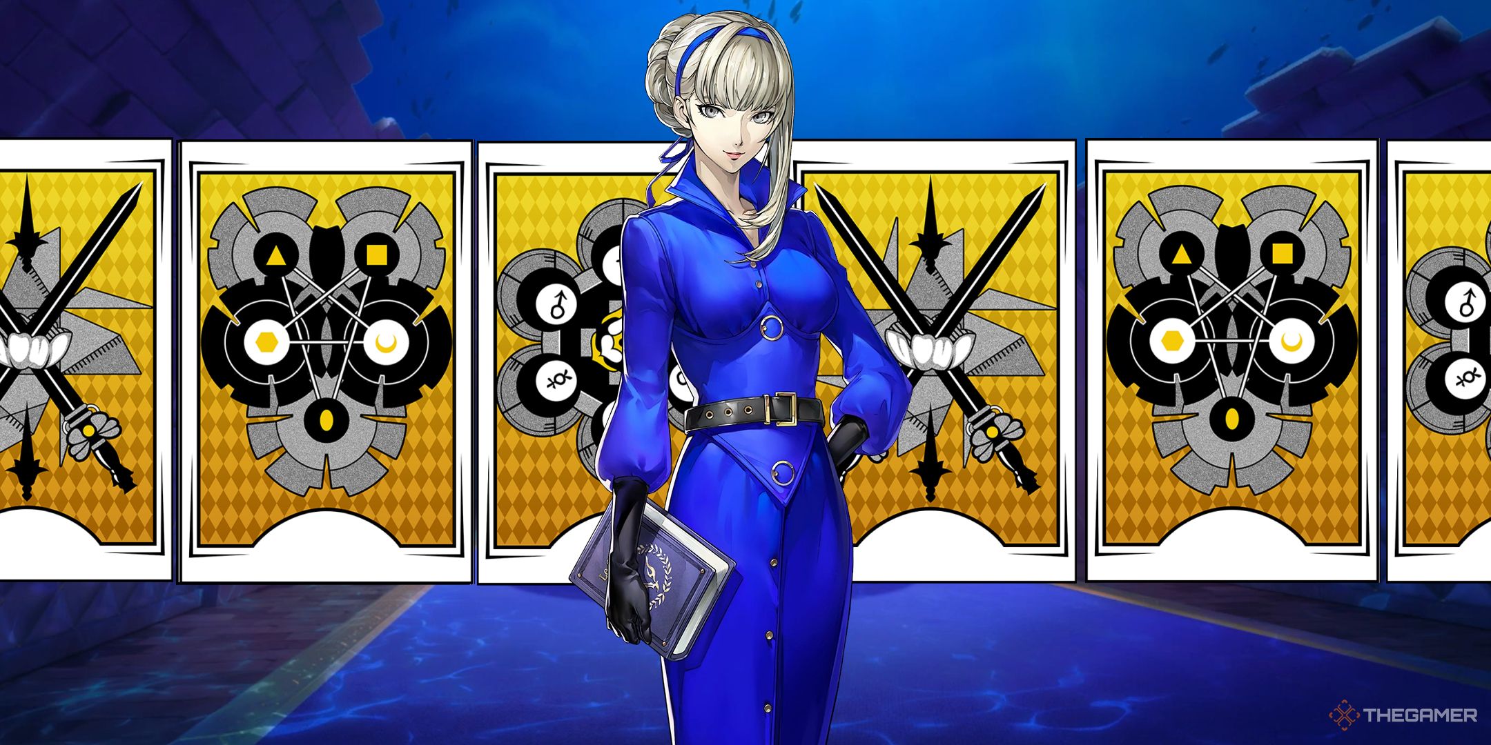 Merope in the Velvet Room standing in front of a row of Revelation Cards in Persona 5 The Phantom X.