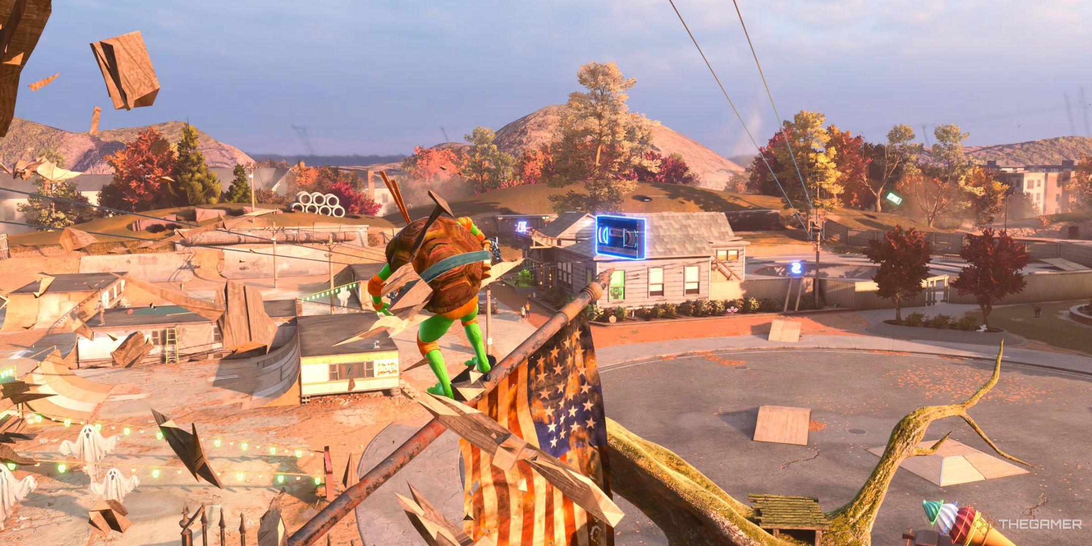 Michelangelo grinding on a flag pole toward a secret tape on the Suburbia stage of Tony Hawk's Pro Skater 3 + 4.