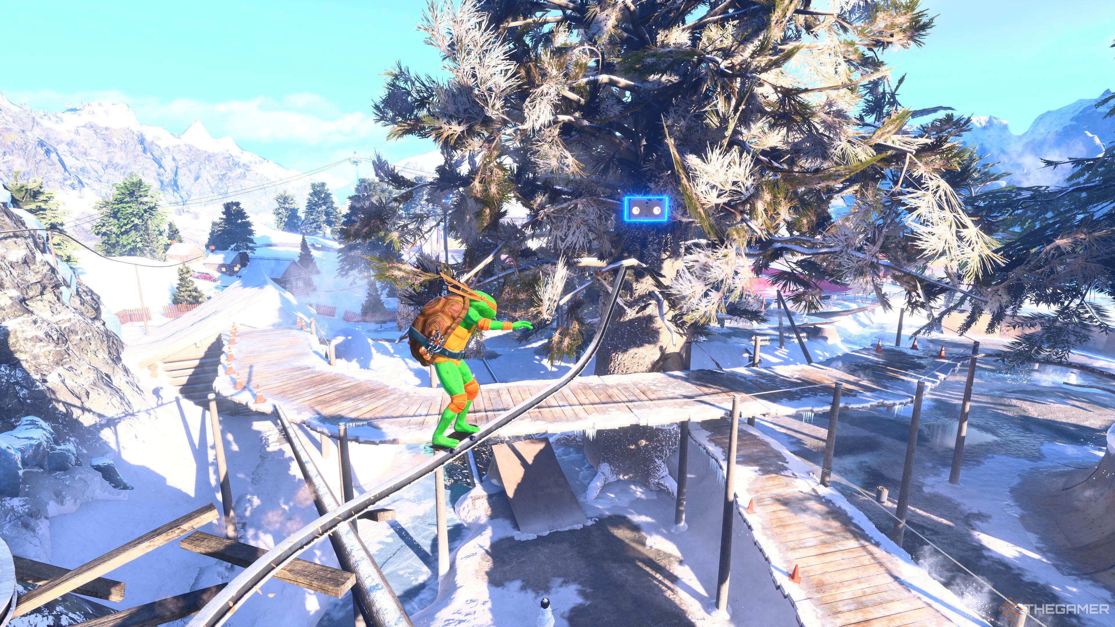 Michelangelo grinding on a rail toward the secret tape in Tony Hawk's Pro Skater 3 + 4 Canada stage.