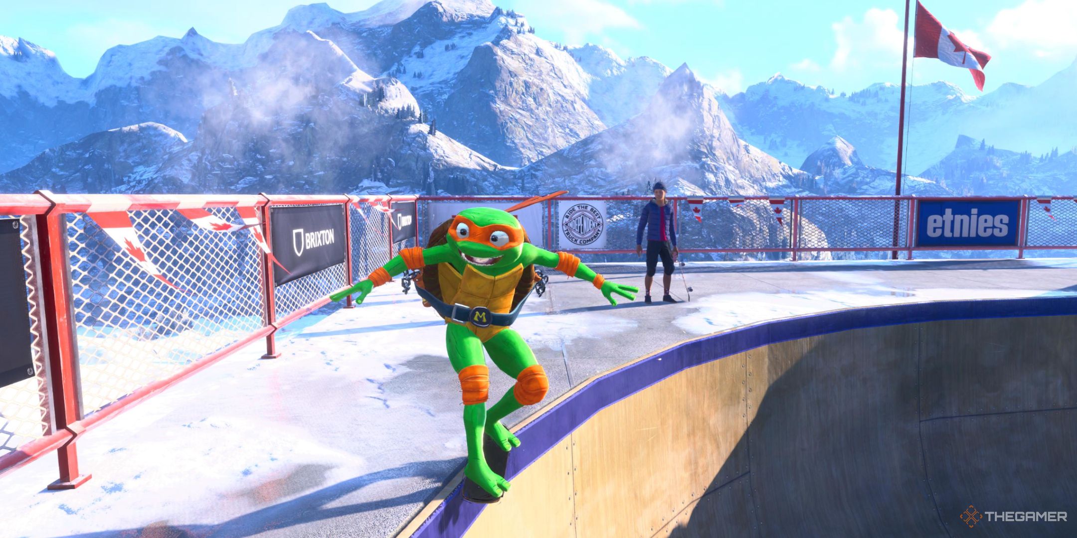 Michelangelo grinding towards the camera with a Caandian flag in the background in the Canada stage of Tony Hawk's Pro Skater 3 + 4.