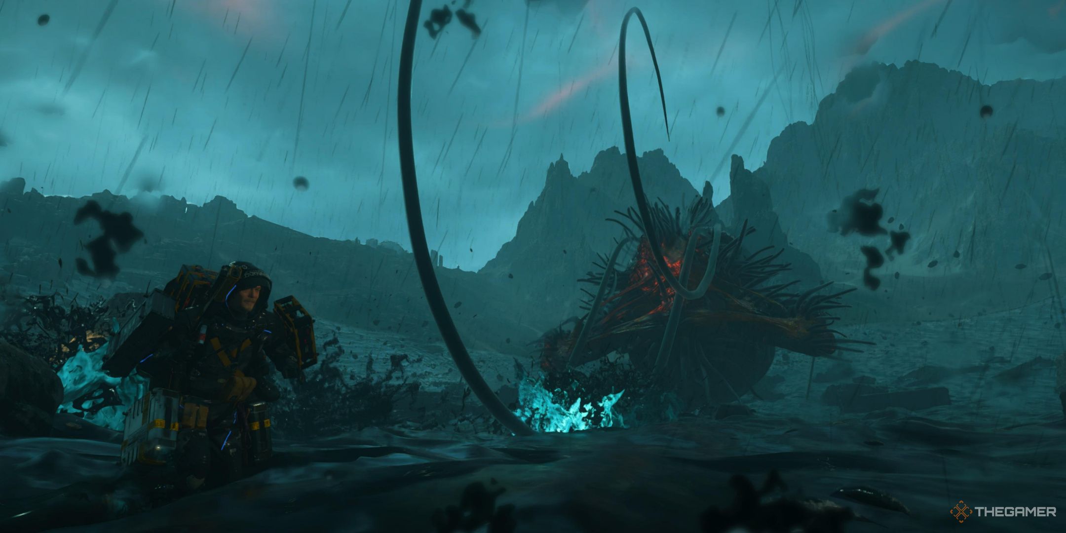 Same running away from a movinghead attacking him with tentacles in Death Stranding 2.
