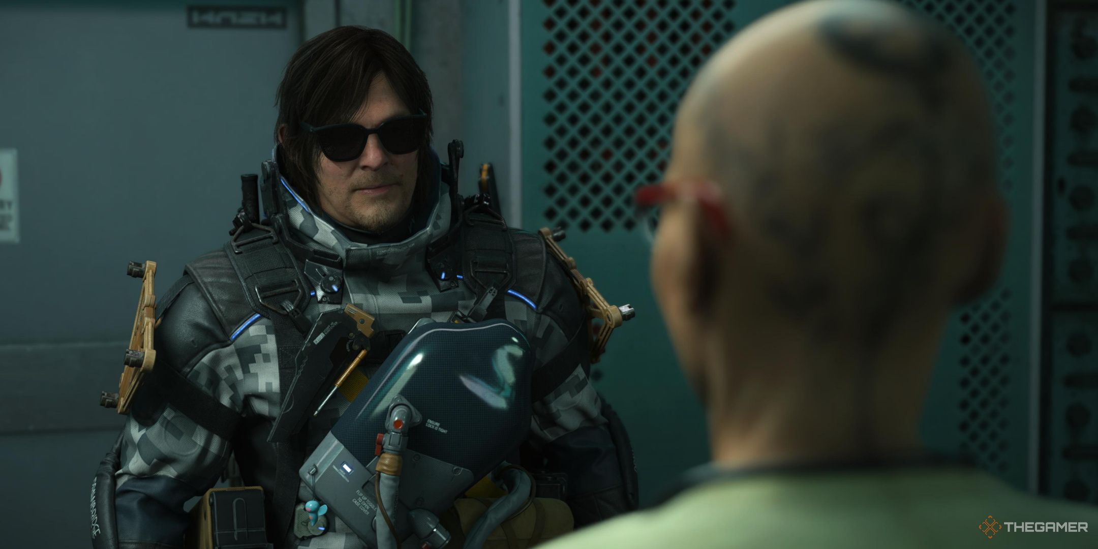 Sam looking at the Doctor during a cutscene in Death Stranding 2.