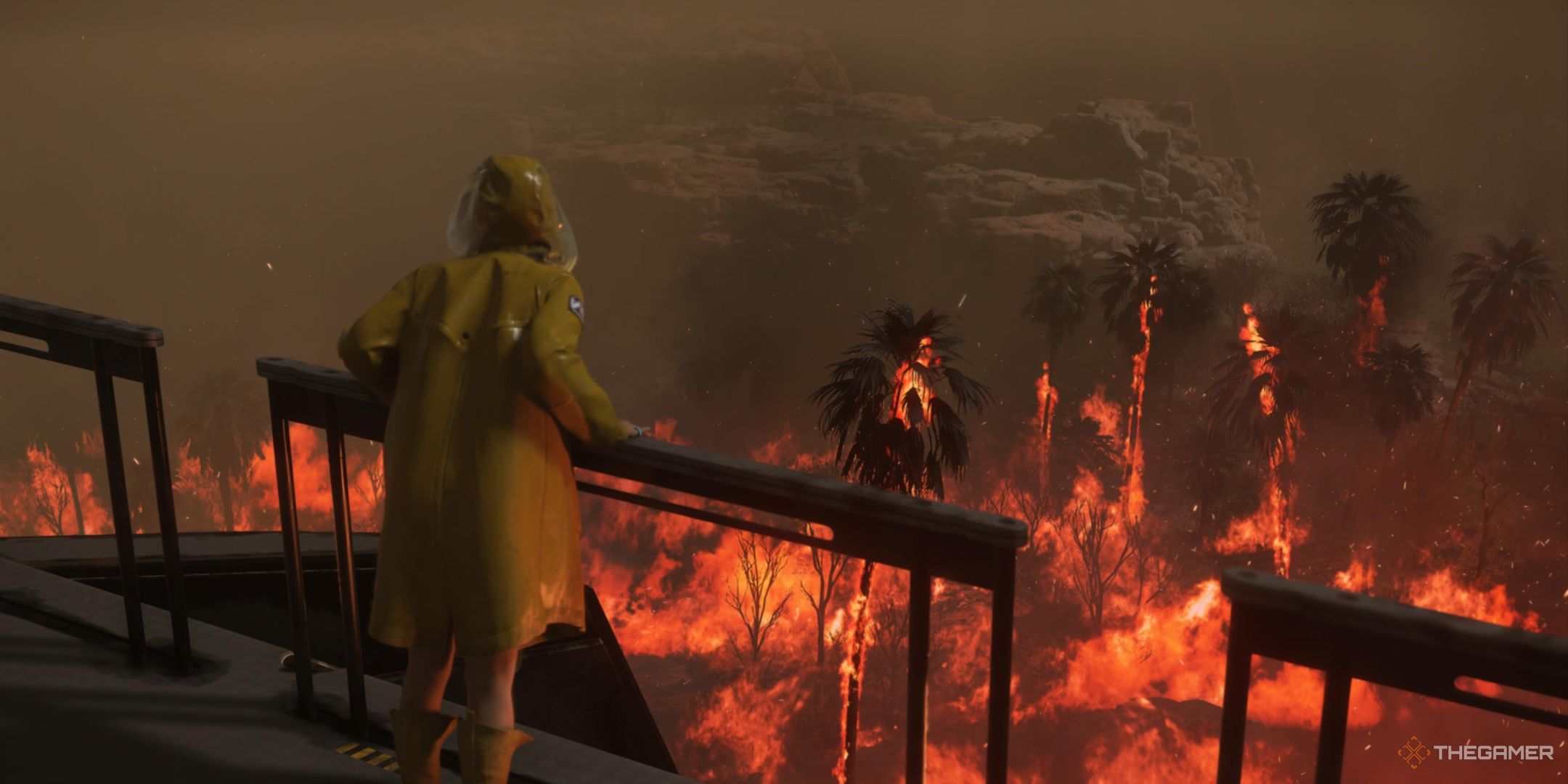 Rainy overlooking a wildfire in death stranding 2: on the beach.