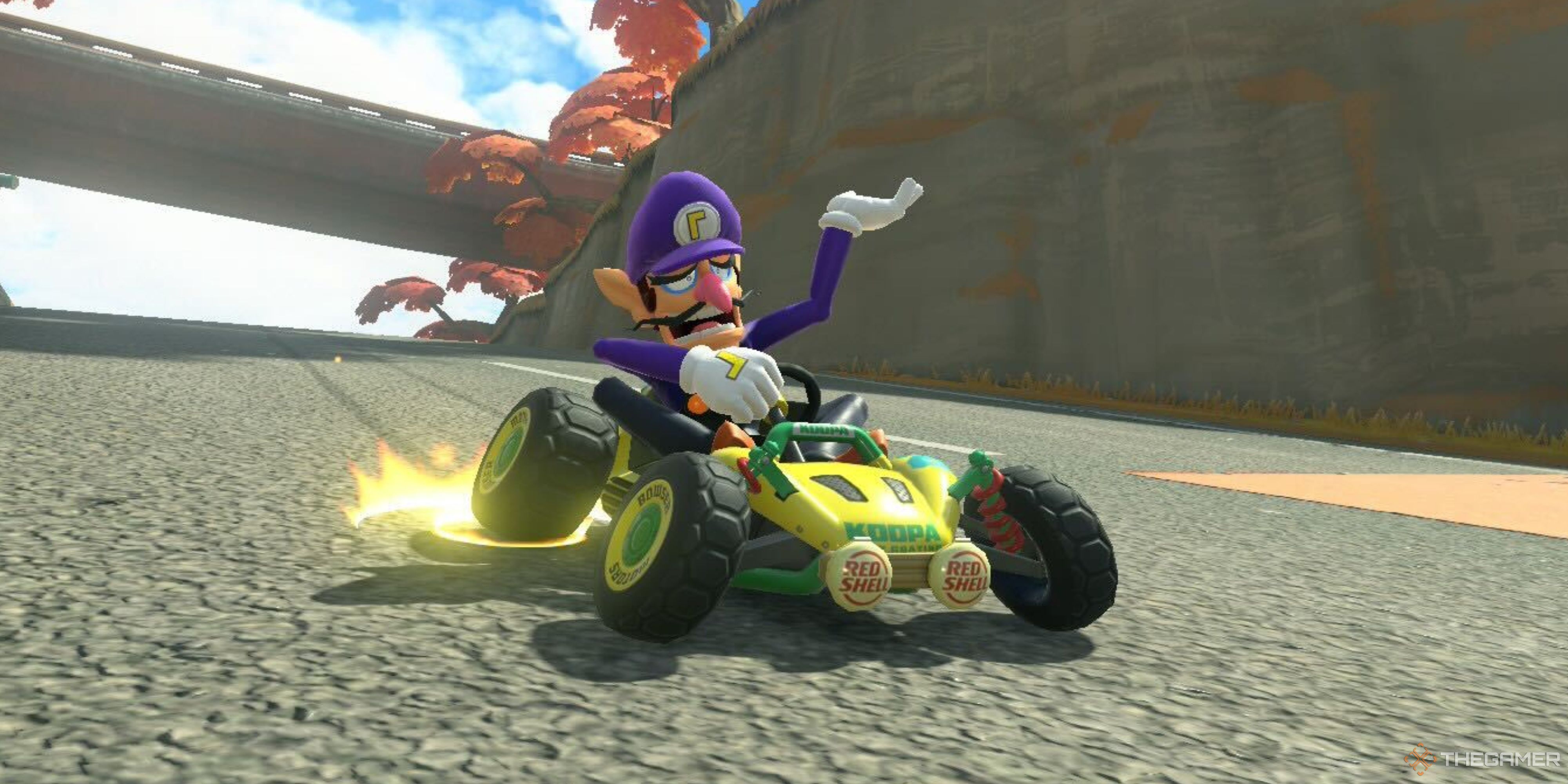 an upset waluigi charging a jump in mario kart world.