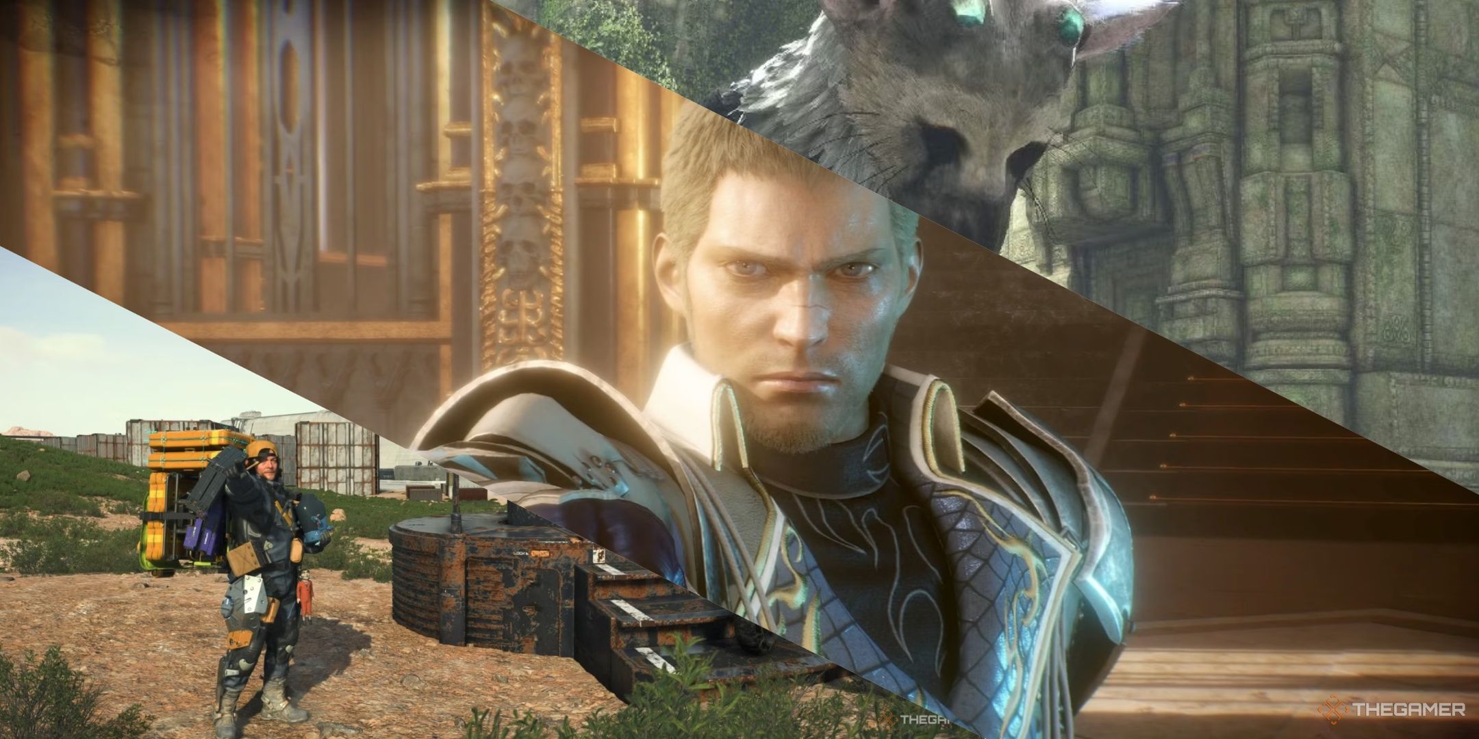 Sam posing with BB in Death Stranding 2: On The Beach, Jack with his fist outstretched in Stranger of Paradise, and trico in the last guardian, left to right.