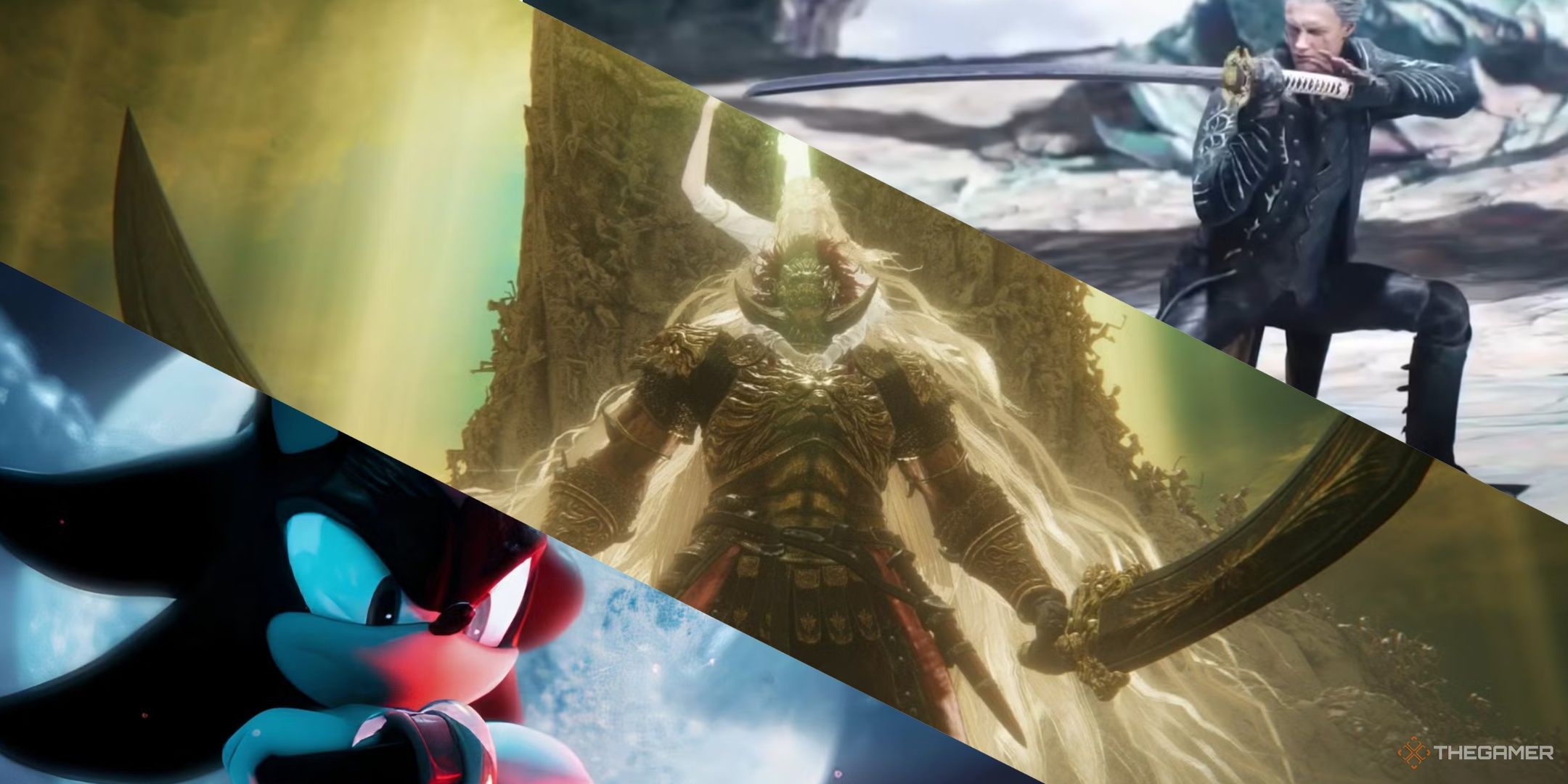 Shadow the hedgehog with the moon behind him, Radahn and Miquella together in Elden Ring, and Vergil with his sword drawn in Devil May Cry 5.