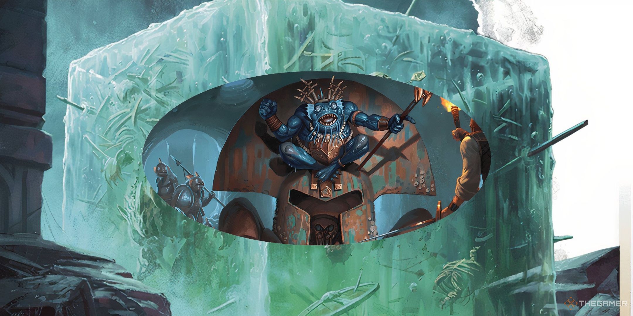 A collage of a gelatinous cube and kuo-toa from DND.