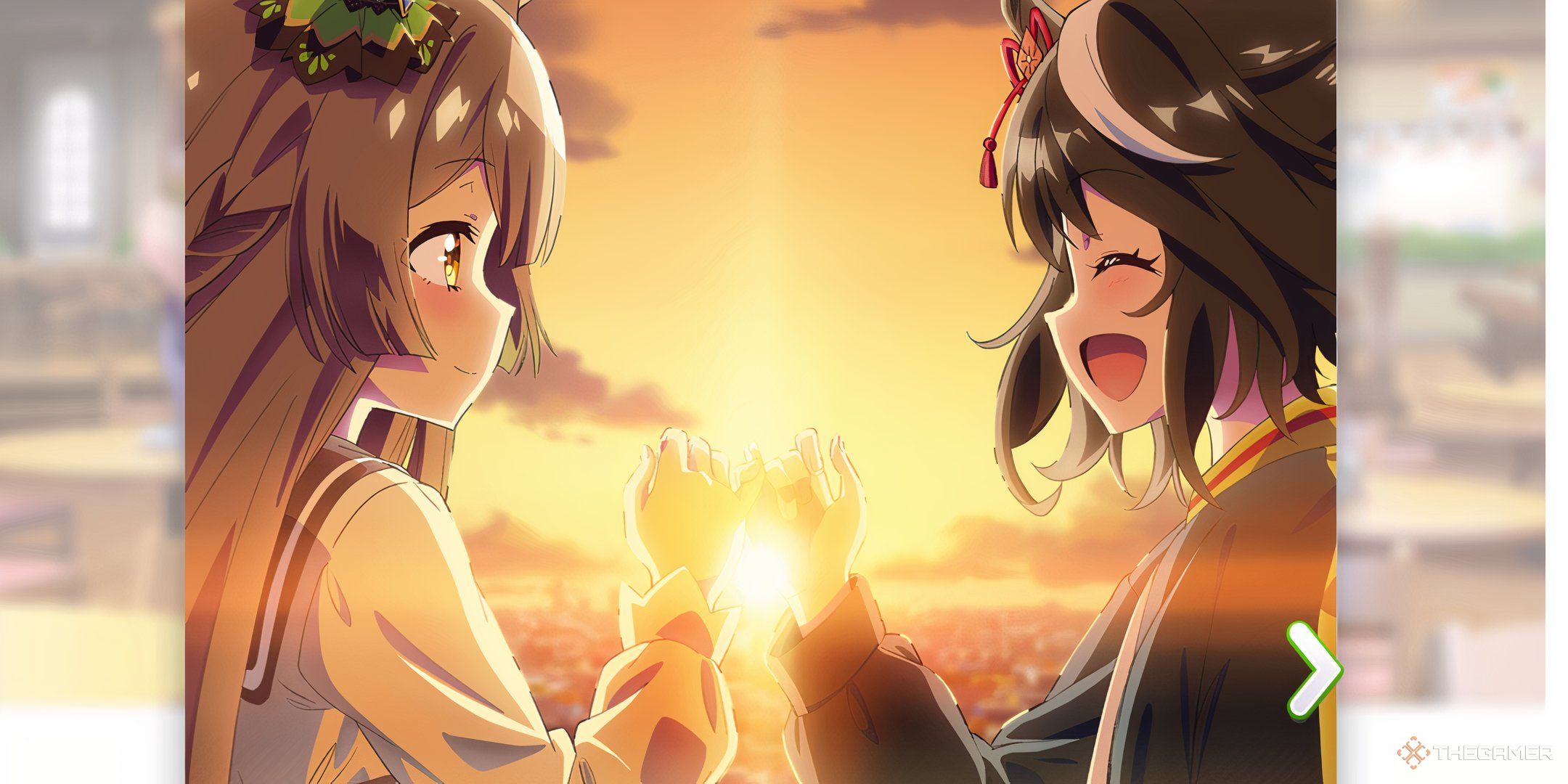 Kitasan Black and Satono Diamond pump hands with a sunset in the background from Umamusume: Pretty Derby.