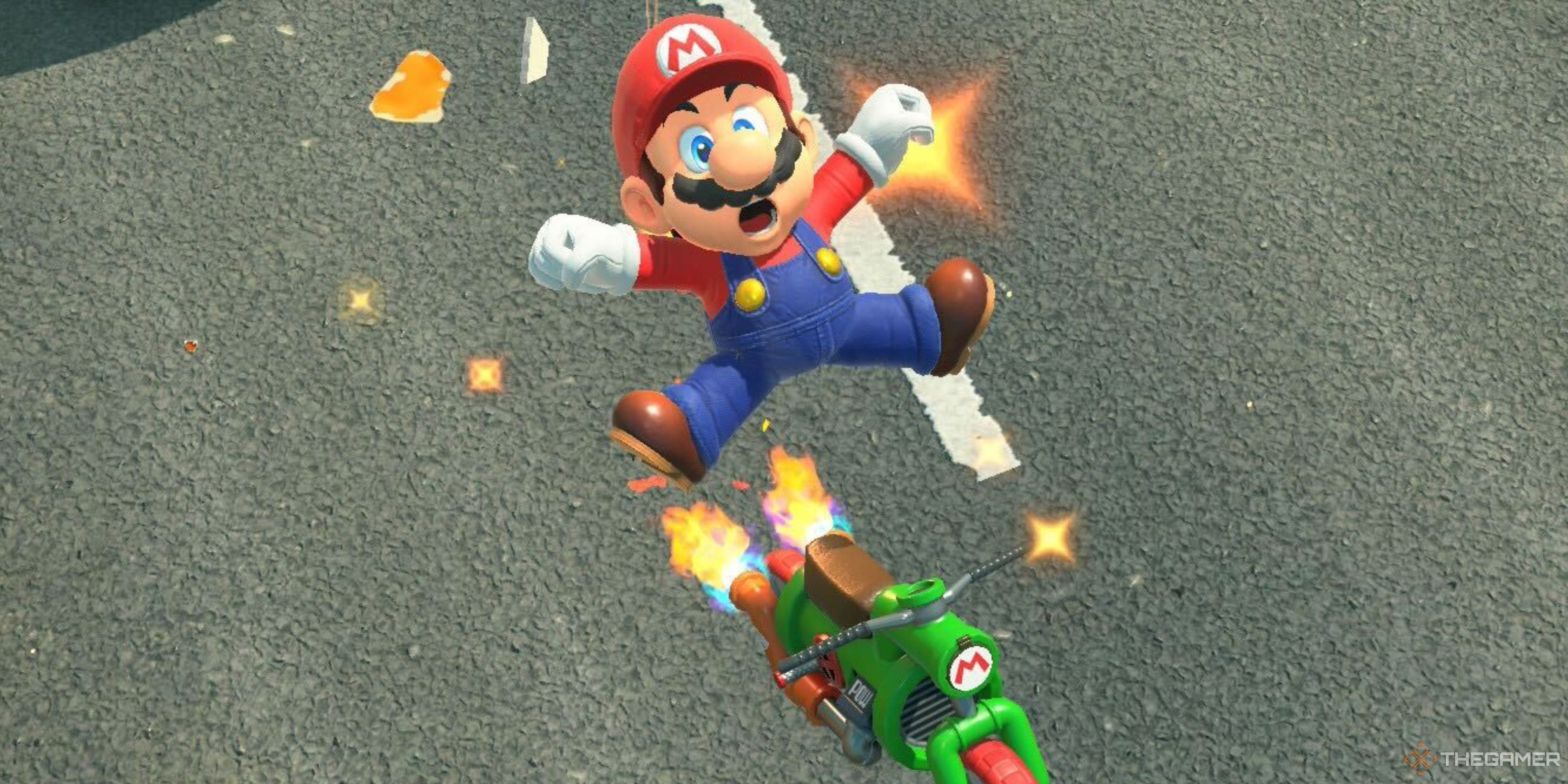 mario jumping off the pipe bike in mario kart world.