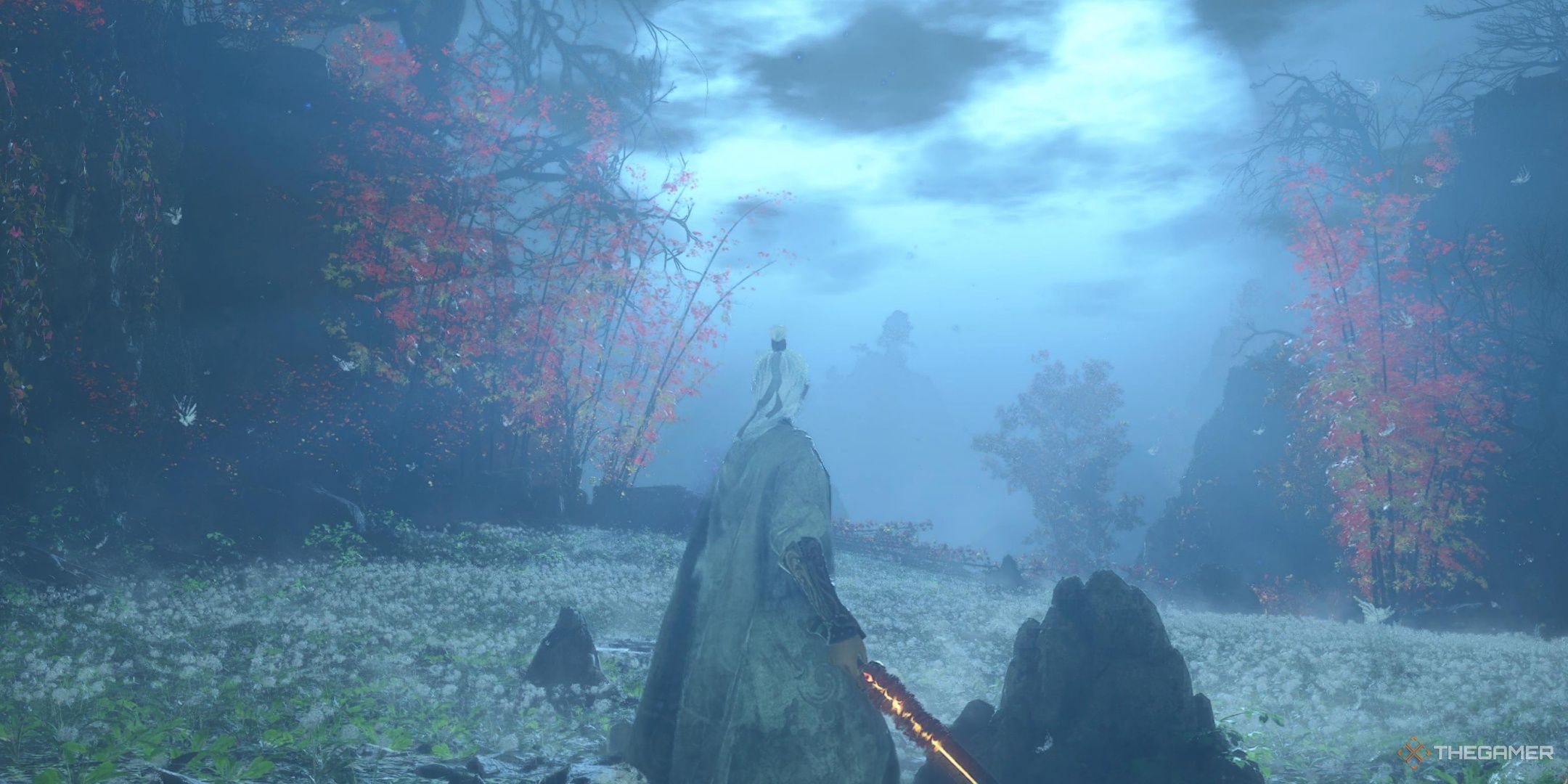 The player wearing the loyalty armor set while looking at the moon in the tomb area in wuchang: fallen feathers. 