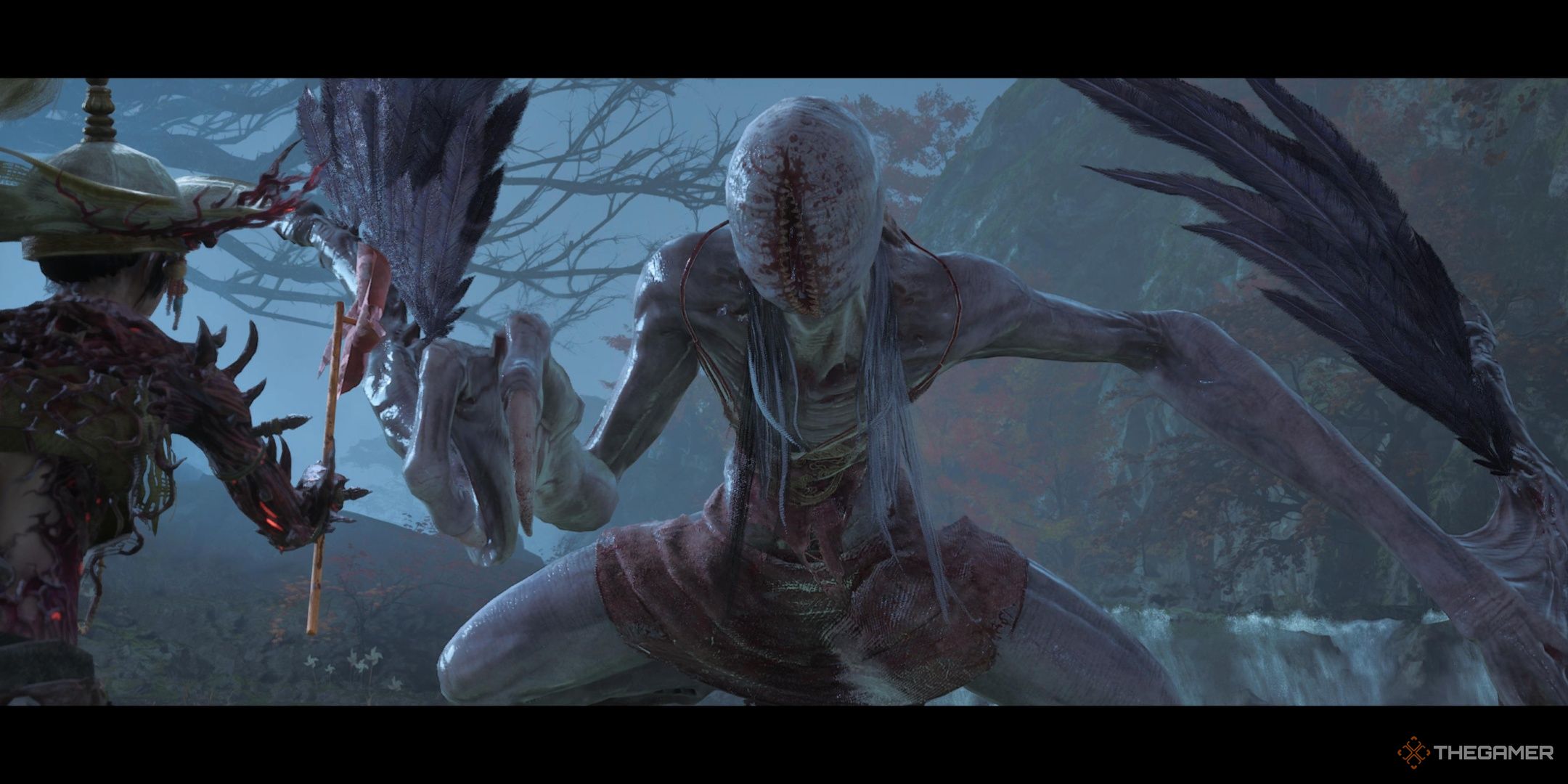 Bai Kru reaching out to Wuchang's belled pinwheel in Wuchang: Fallen Feathers.