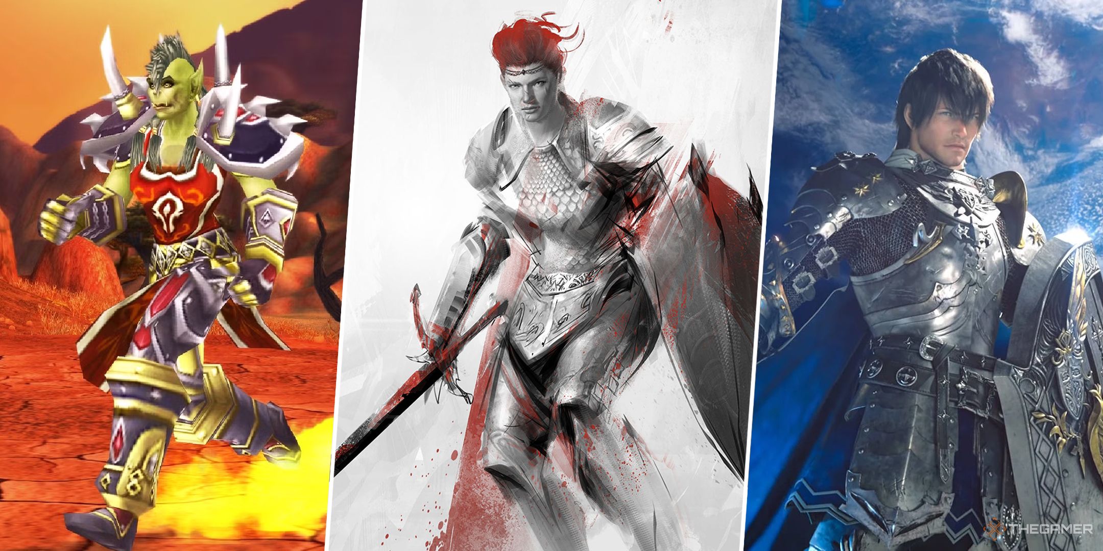 A split image featuring World of Warcraft Classic, Guild Wars 2, and Final Fantasy 14.