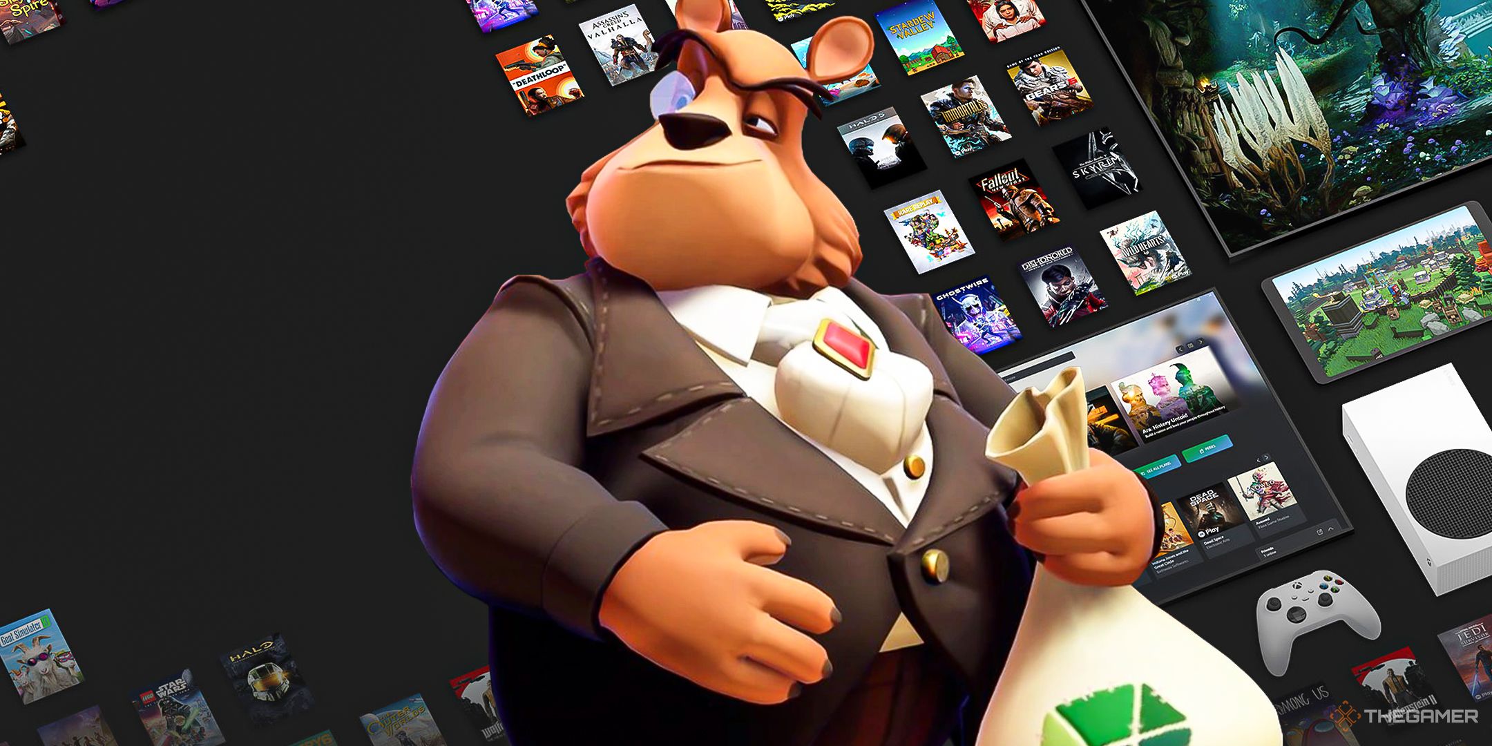 Moneybags from Crash Bandicoot standing over the Xbox Game Pass marketing library.