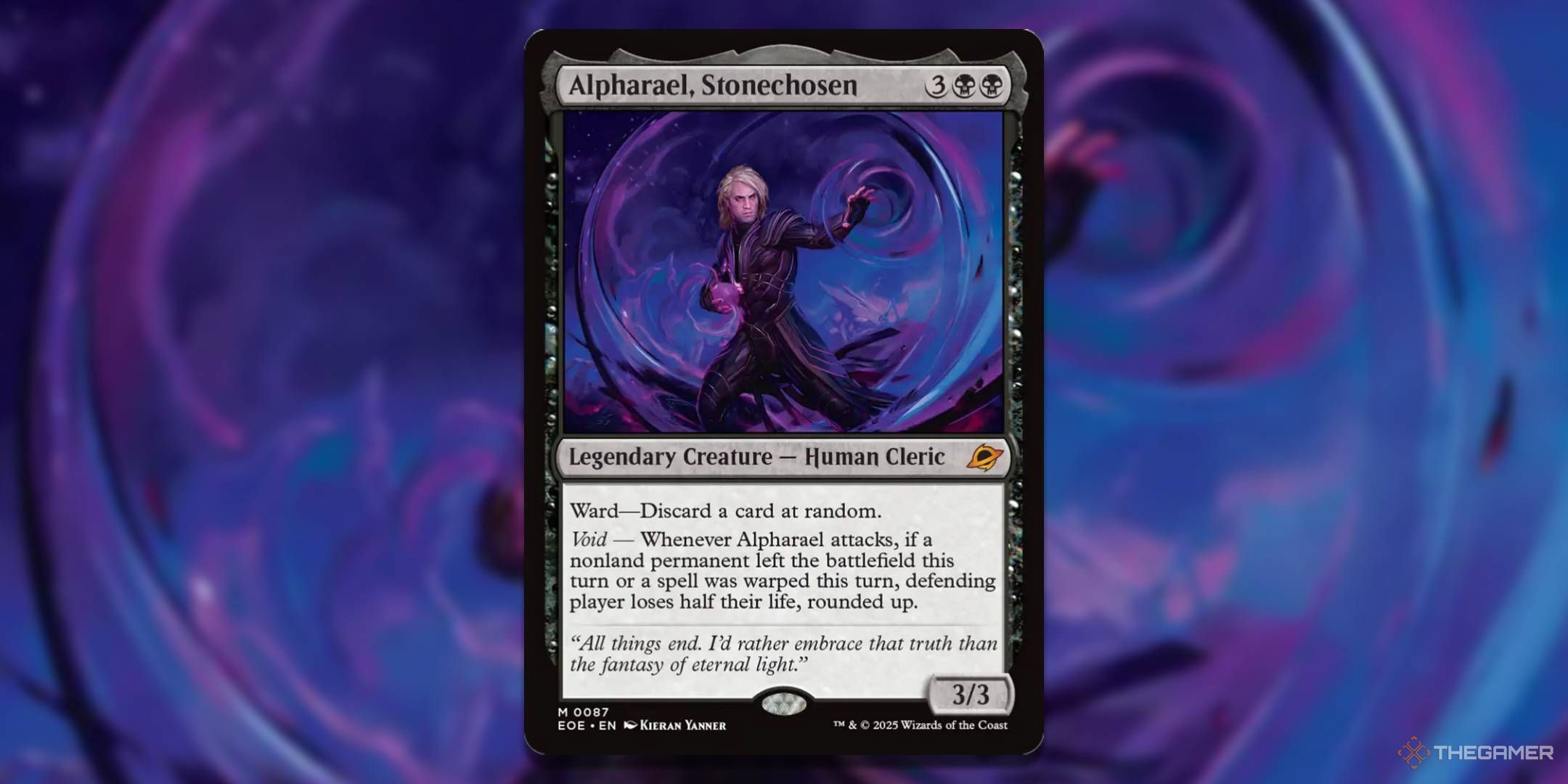 MTG Alpharael, Stonechosen card with the art in the background.