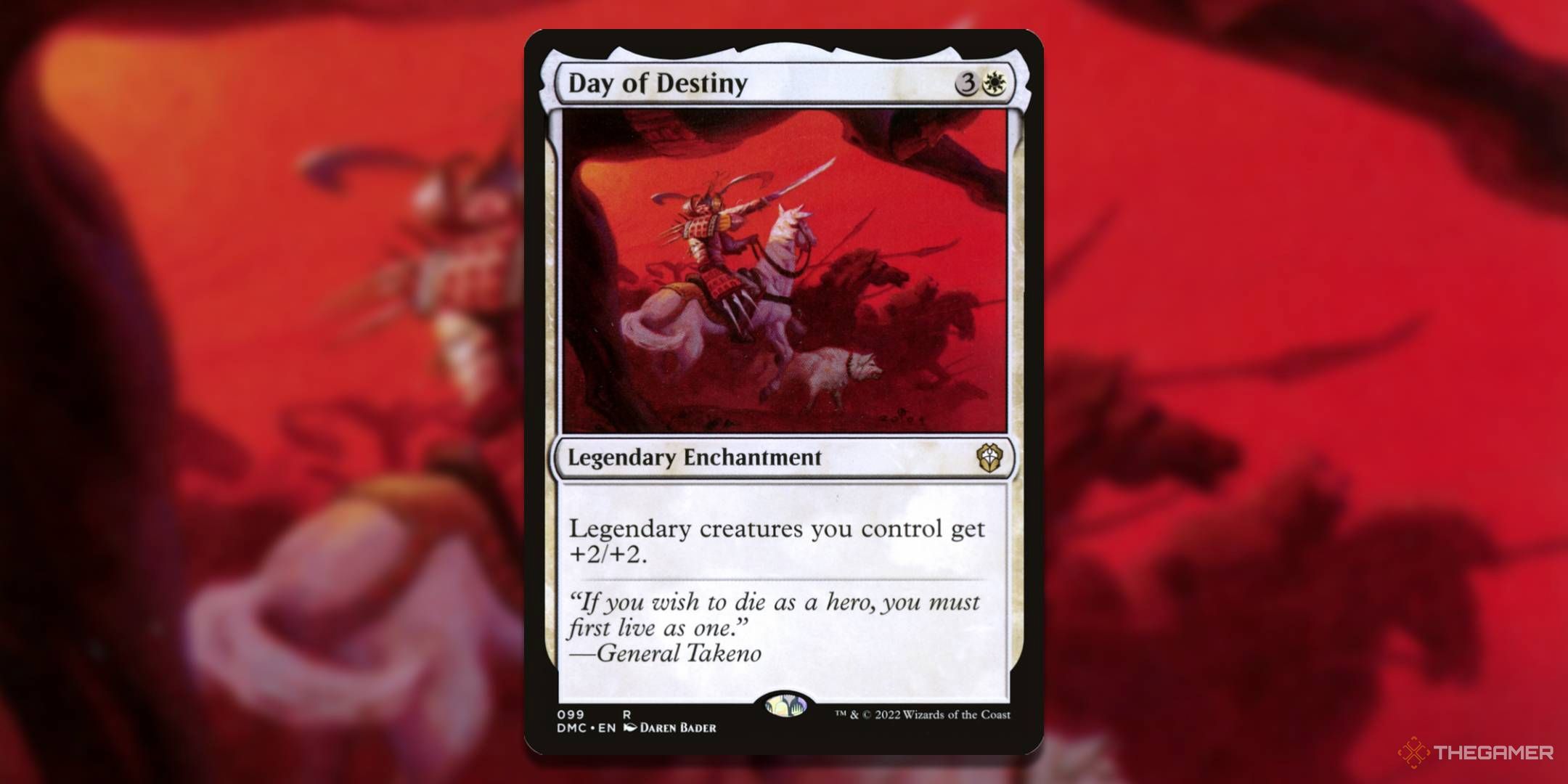 MTG Day of Destiny card with the art in the background.