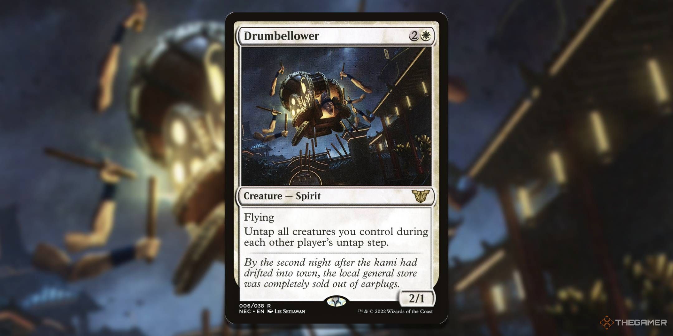 MTG Drumbellower card with the art in the background.
