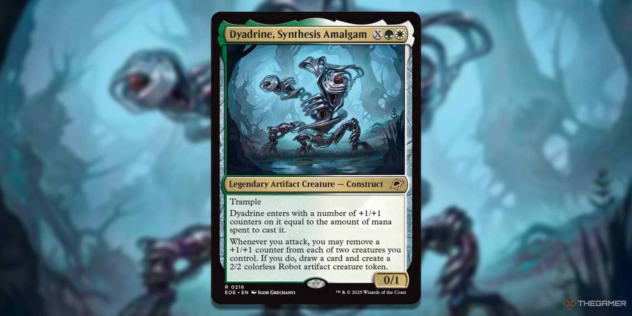 MTG Dyadrine, Synthesis Amalgam card with the art in the background.