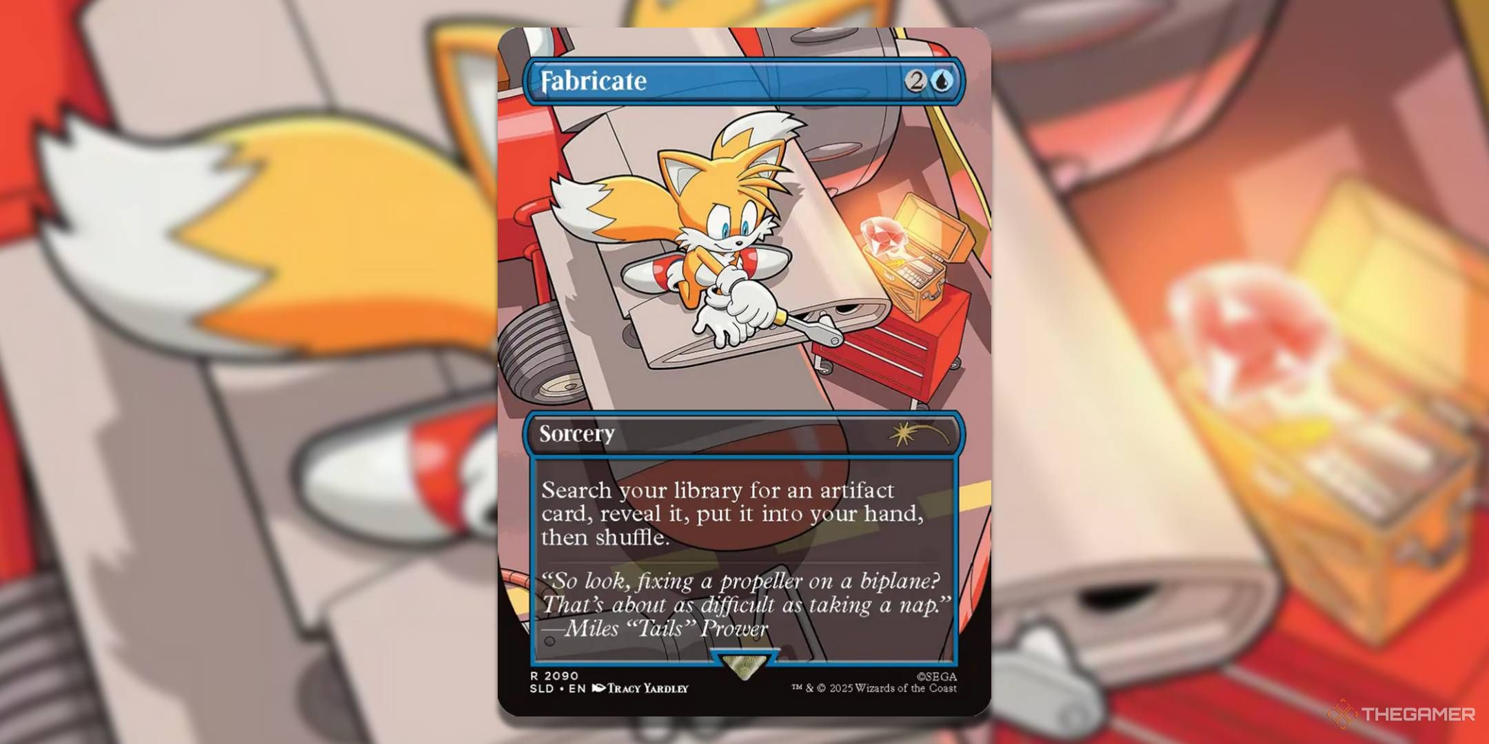MTG Fabricate card with the art in the background.