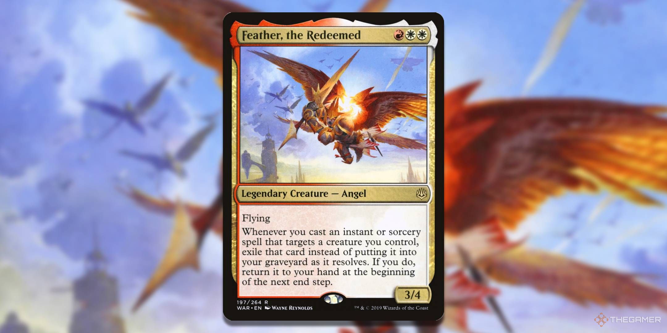 MTG Feather, the Redeemed card with the art in the background.