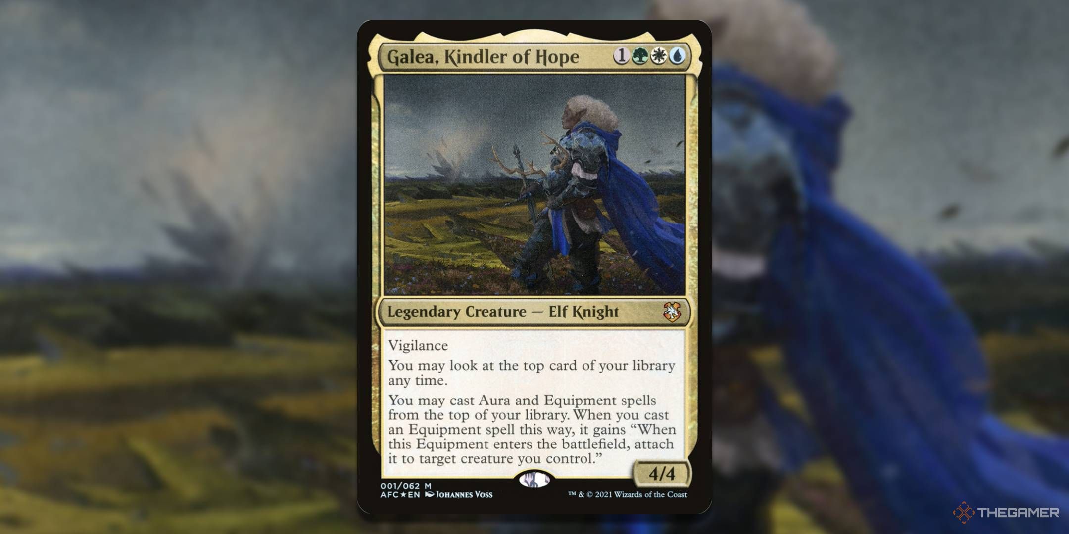 MTG Galea, Kindler of Hope card with the art in the background.