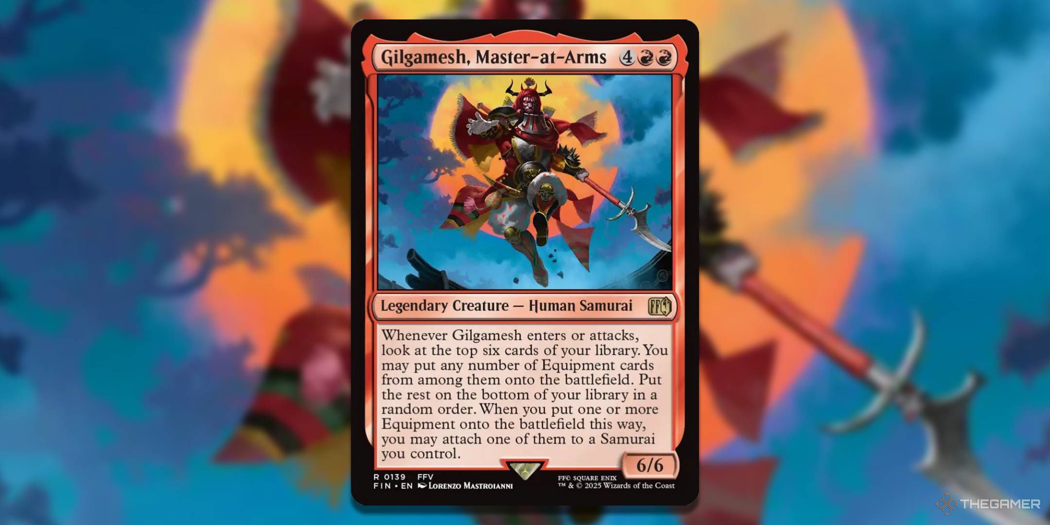 MTG Gilgamesh, Master-at-Arms card with the art in the background.
