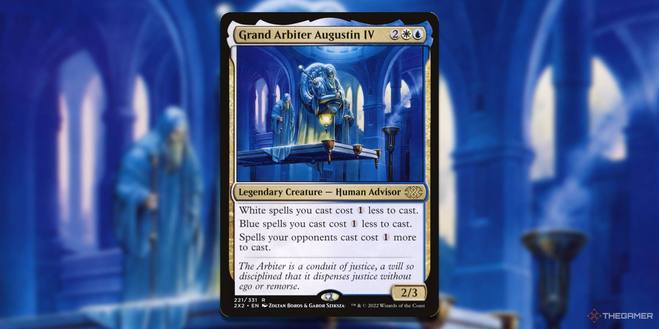 MTG Grand Arbiter Augustin IV card with the art in the background.