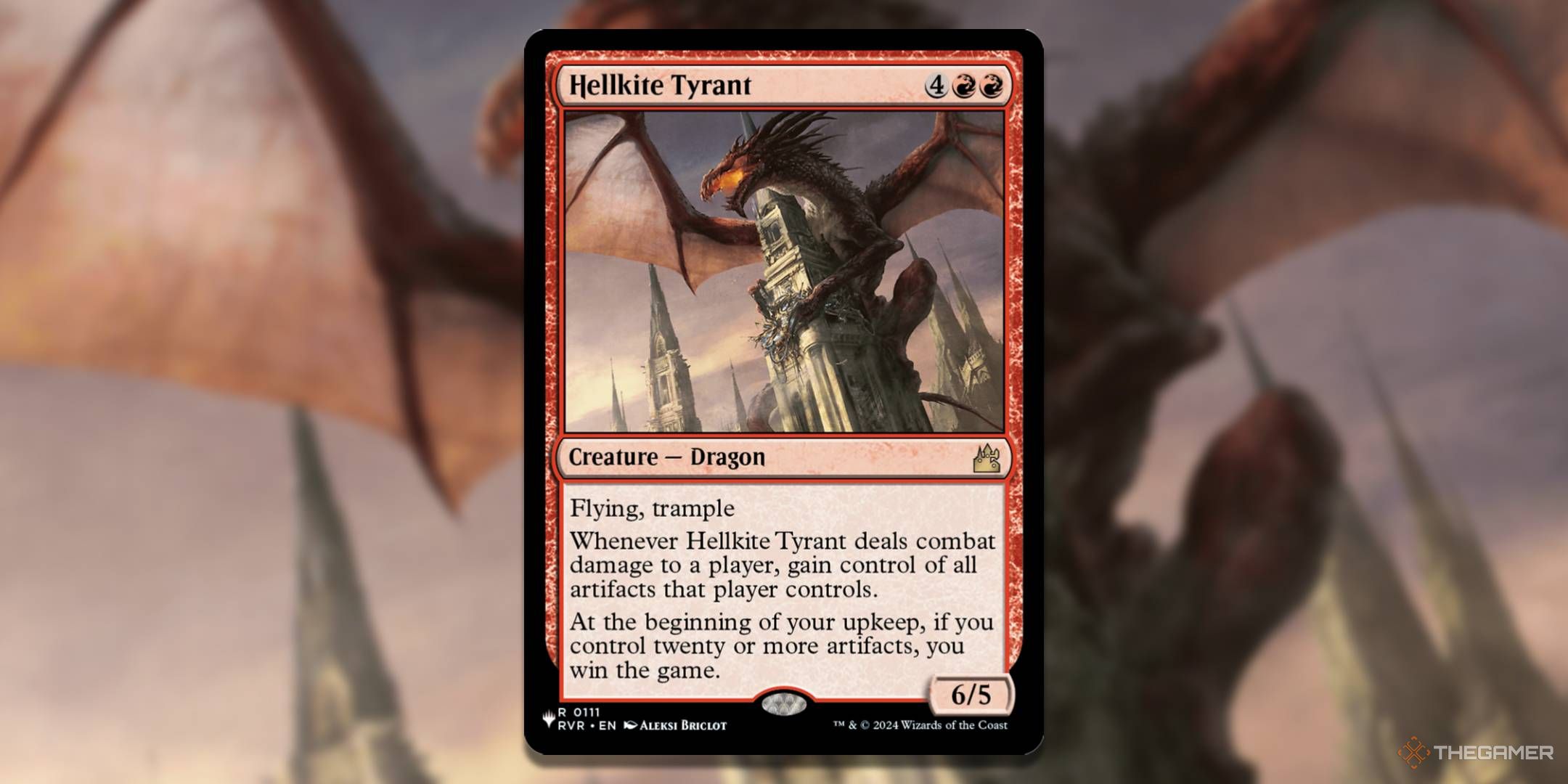 MTG Hellkite Tyrant card with the art in the background.