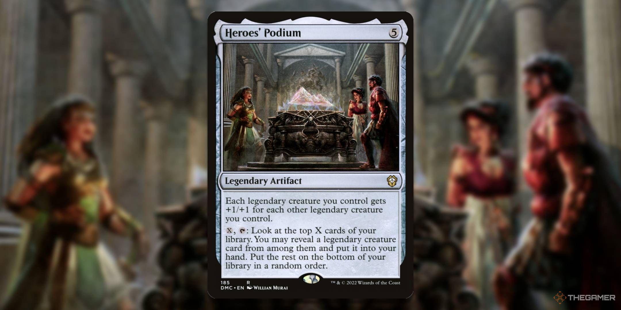 MTG Heroes' Podium card with the art in the background.
