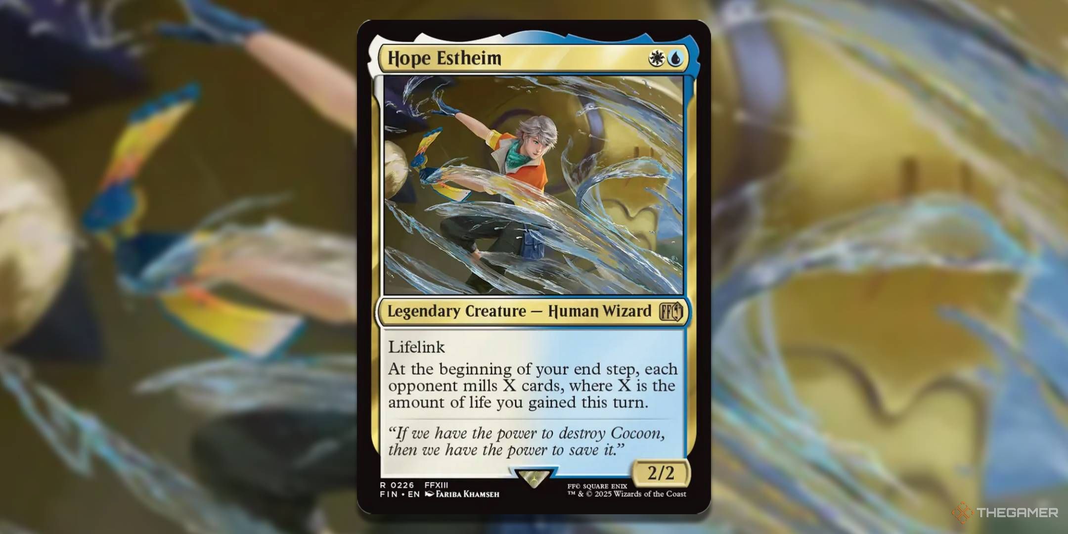 MTG Hope Estheim card with the art in the background.