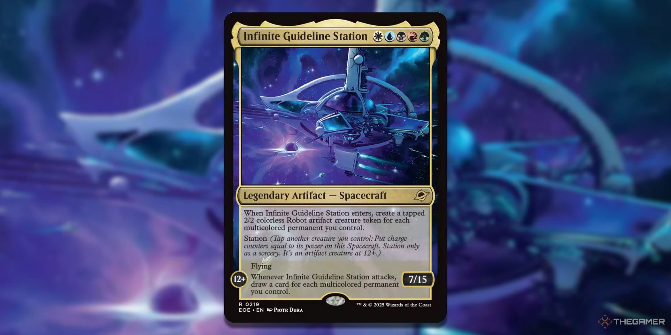 MTG Infinite Guideline Station card with the art in the background.