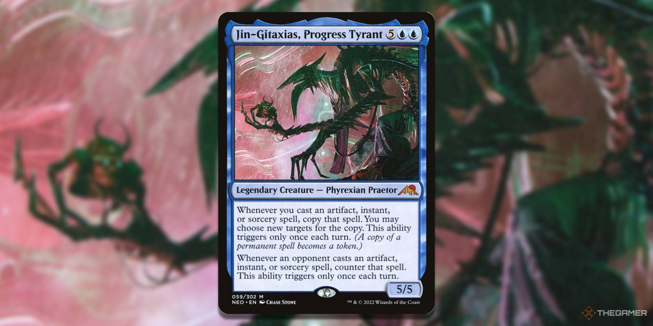 MTG Jin-Gitaxias, Progress Tyrant card with the art in the background.